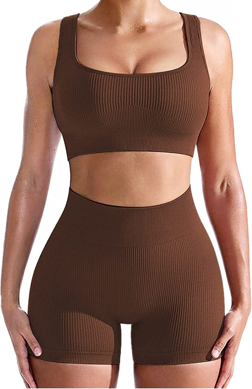 Workout Sets for Women, Seamless Crop Tops Leggings Matching 2 Pieces Outfits, Sexy Two Piece Yoga Workout Outfits Coffe / Medium
