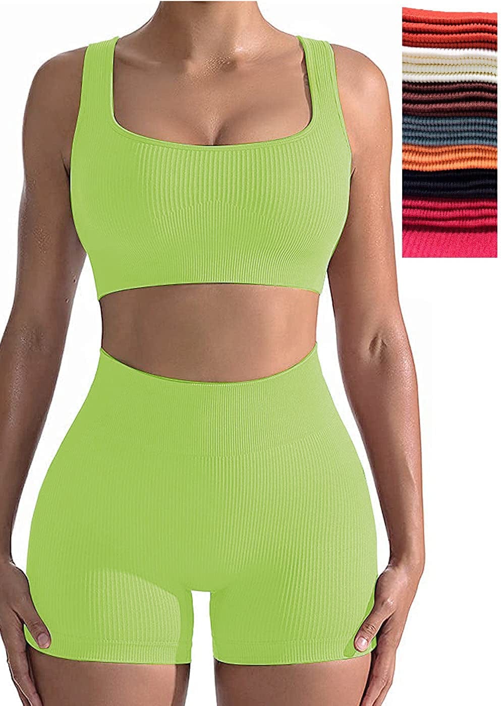 Workout Sets for Women, Seamless Crop Tops Leggings Matching 2 Pieces Outfits, Sexy Two Piece Yoga Workout Outfits Grass Green-1 / Medium
