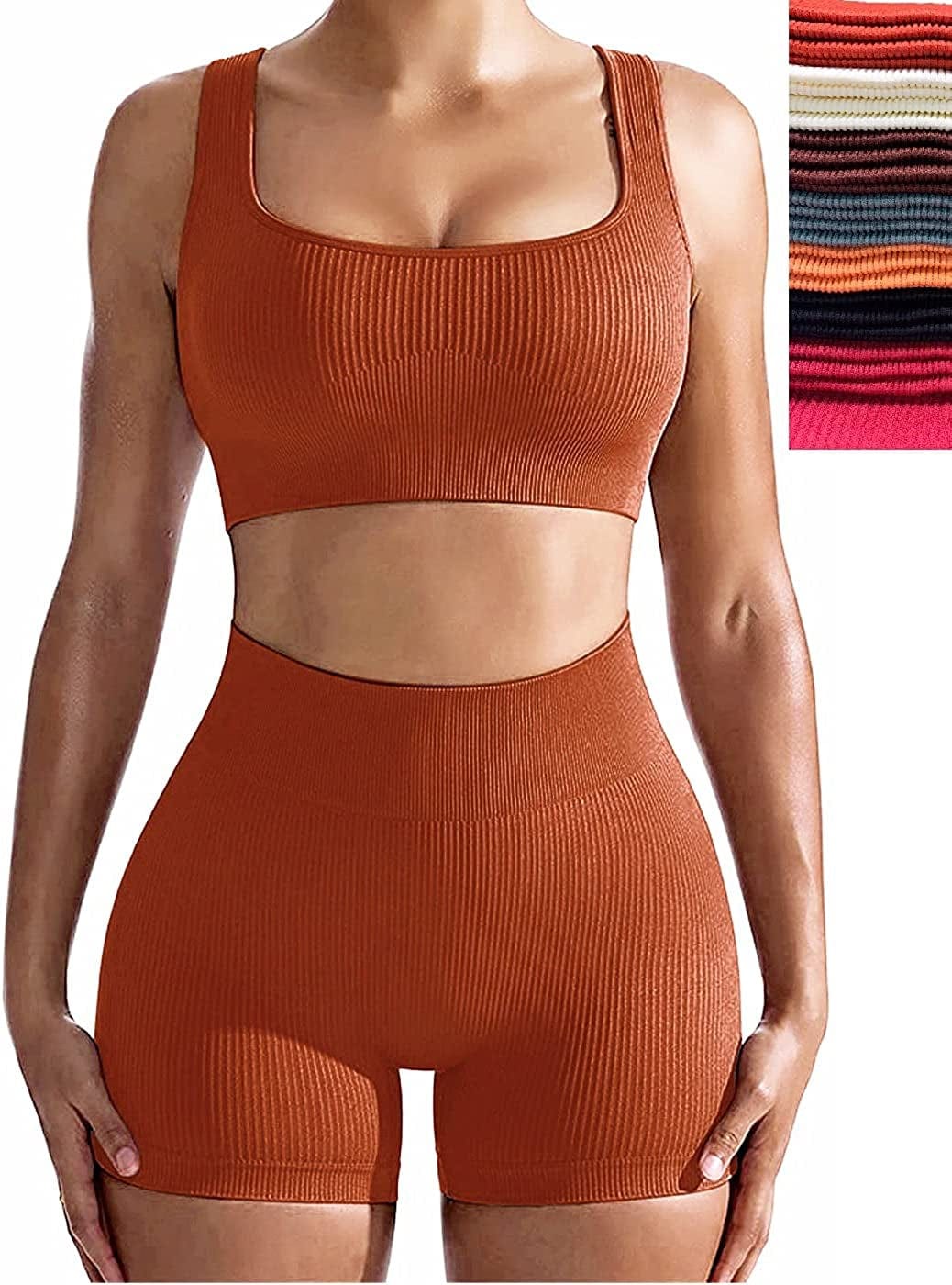 Workout Sets for Women, Seamless Crop Tops Leggings Matching 2 Pieces Outfits, Sexy Two Piece Yoga Workout Outfits Dark Orange / Medium