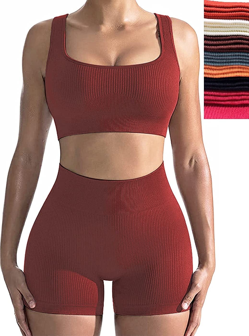 Workout Sets for Women, Seamless Crop Tops Leggings Matching 2 Pieces Outfits, Sexy Two Piece Yoga Workout Outfits Wine Red / Medium