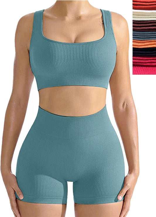 Workout Sets for Women, Seamless Crop Tops Leggings Matching 2 Pieces Outfits, Sexy Two Piece Yoga Workout Outfits Blue / Medium