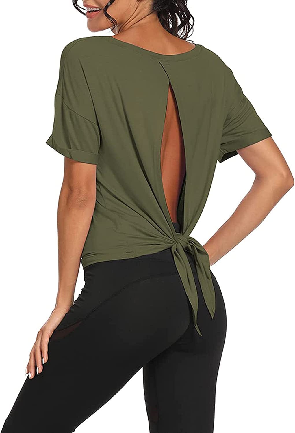 Workout Tops Open Back Shirts Gym Workout Clothes Tie Back Musle Tank for Women Z-army Green / X-Large