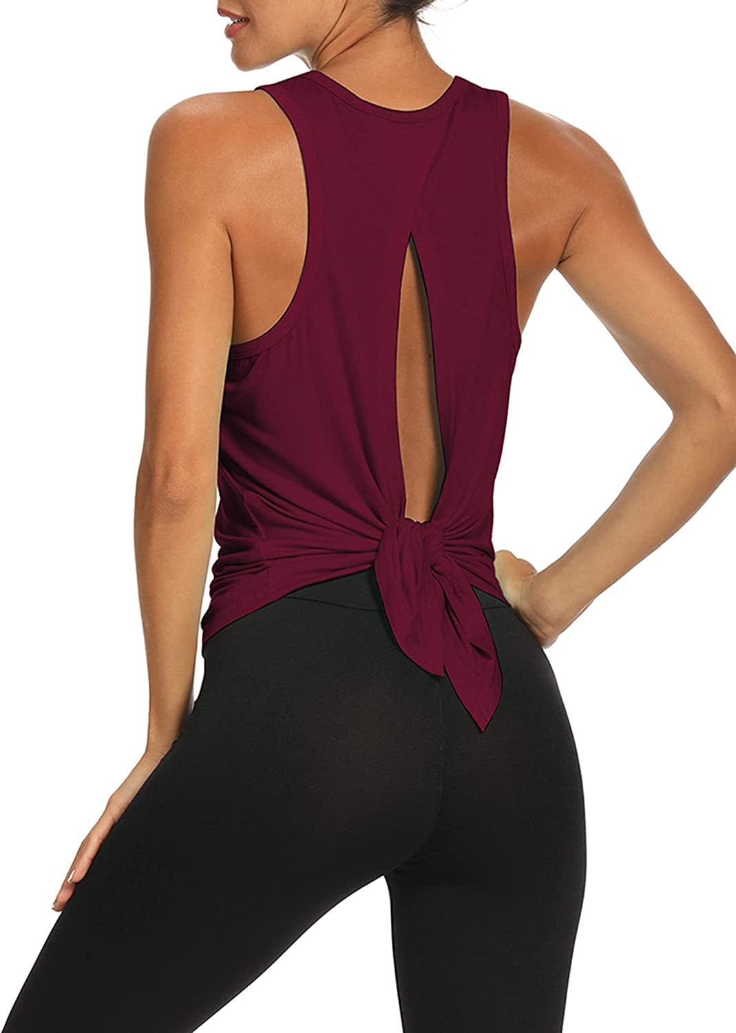 Workout Tops Open Back Shirts Gym Workout Clothes Tie Back Musle Tank for Women Winered / Medium