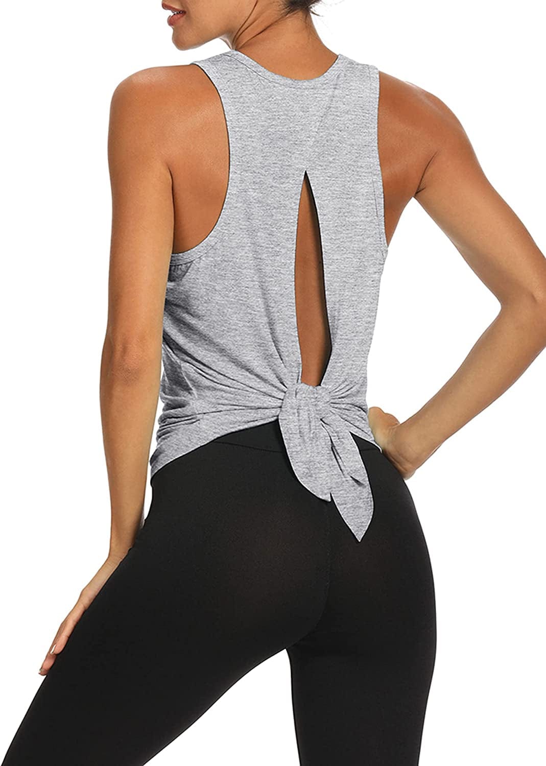 Workout Tops Open Back Shirts Gym Workout Clothes Tie Back Musle Tank for Women Heather Gray / Medium