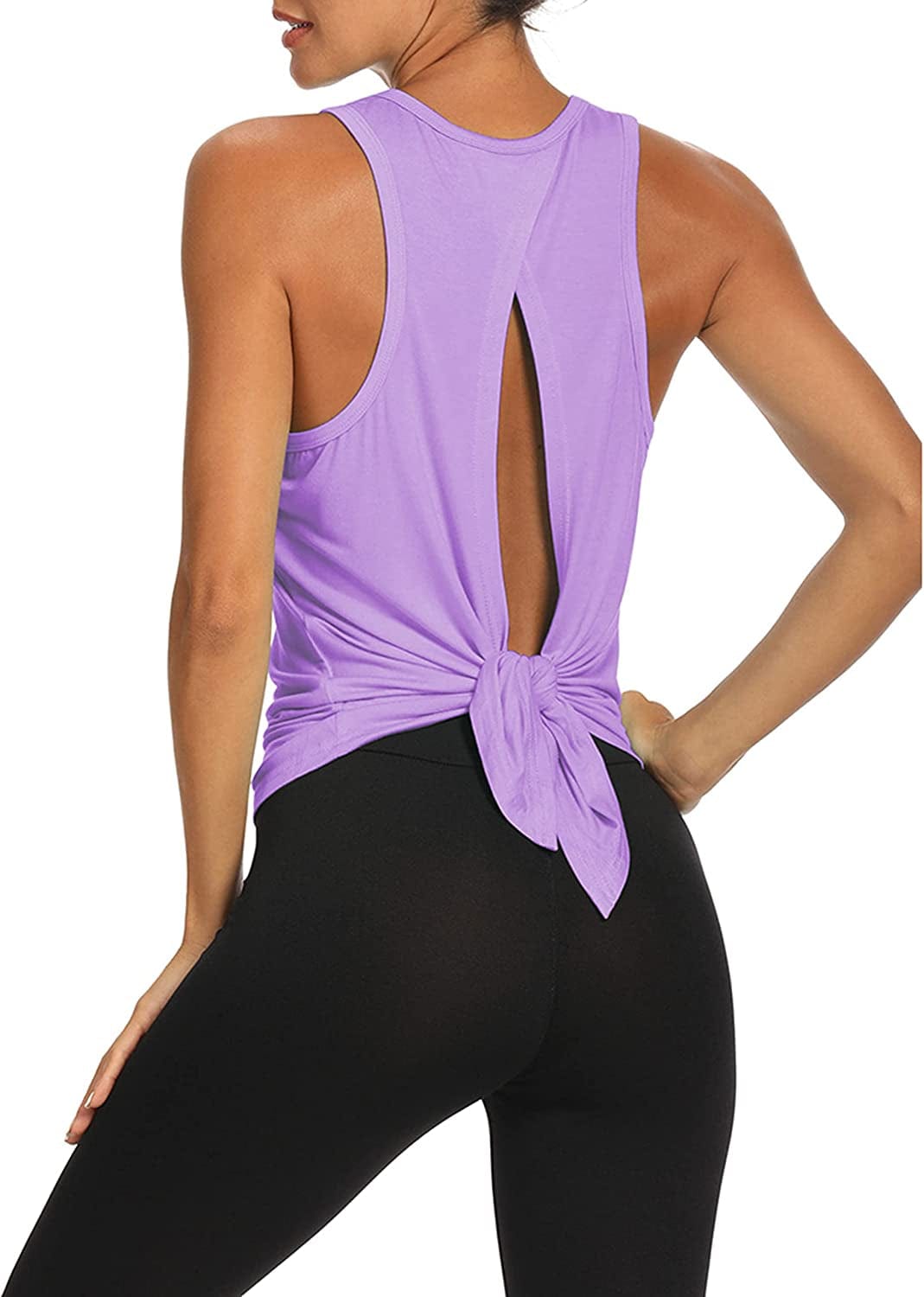 Workout Tops Open Back Shirts Gym Workout Clothes Tie Back Musle Tank for Women Light Purple / Medium