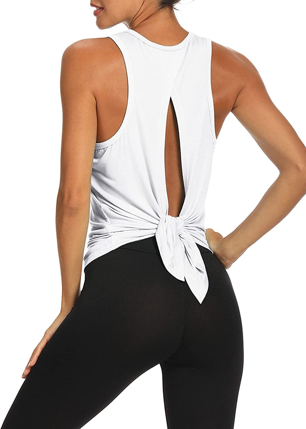 Workout Tops Open Back Shirts Gym Workout Clothes Tie Back Musle Tank for Women White / Medium