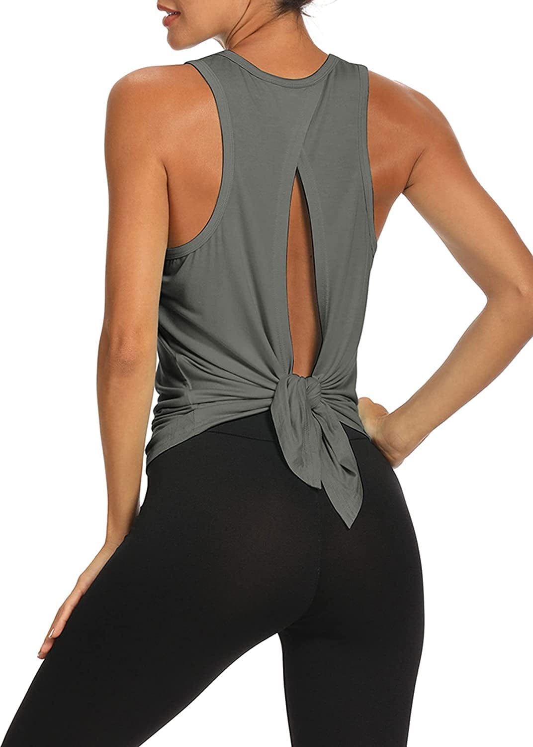 Workout Tops Open Back Shirts Gym Workout Clothes Tie Back Musle Tank for Women Dark Gray / Medium