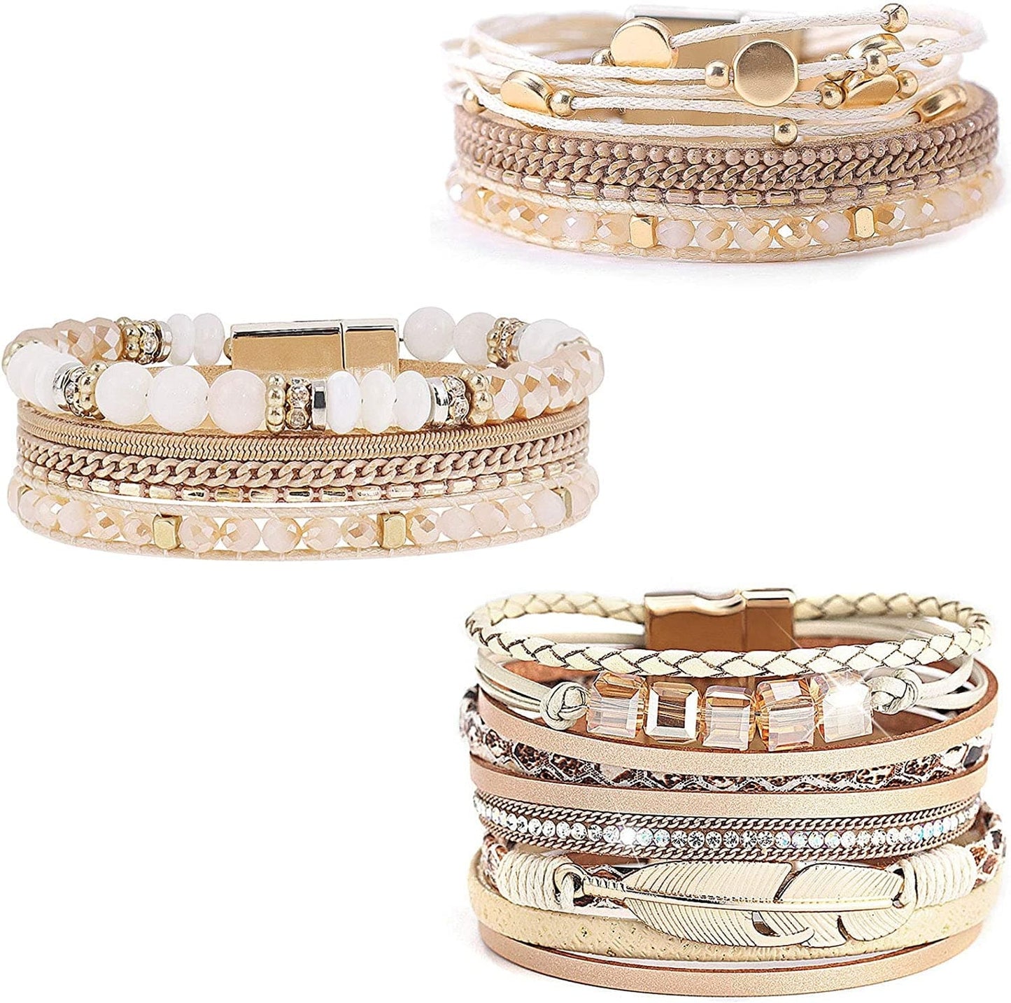 Wovanoo Leather Wrap Bracelet Set 3Pack Wrist Cuff Bracelet for Women Girls Multilayer Magnetic Clasp Bracelet Feather Tree Bead Crystal Bracelet Apparel & Accessories > Jewelry > Bracelets Wovanoo Crystal