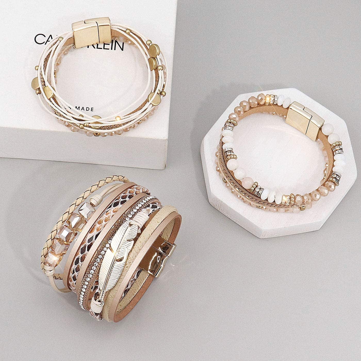 Wovanoo Leather Wrap Bracelet Set 3Pack Wrist Cuff Bracelet for Women Girls Multilayer Magnetic Clasp Bracelet Feather Tree Bead Crystal Bracelet Apparel & Accessories > Jewelry > Bracelets Wovanoo