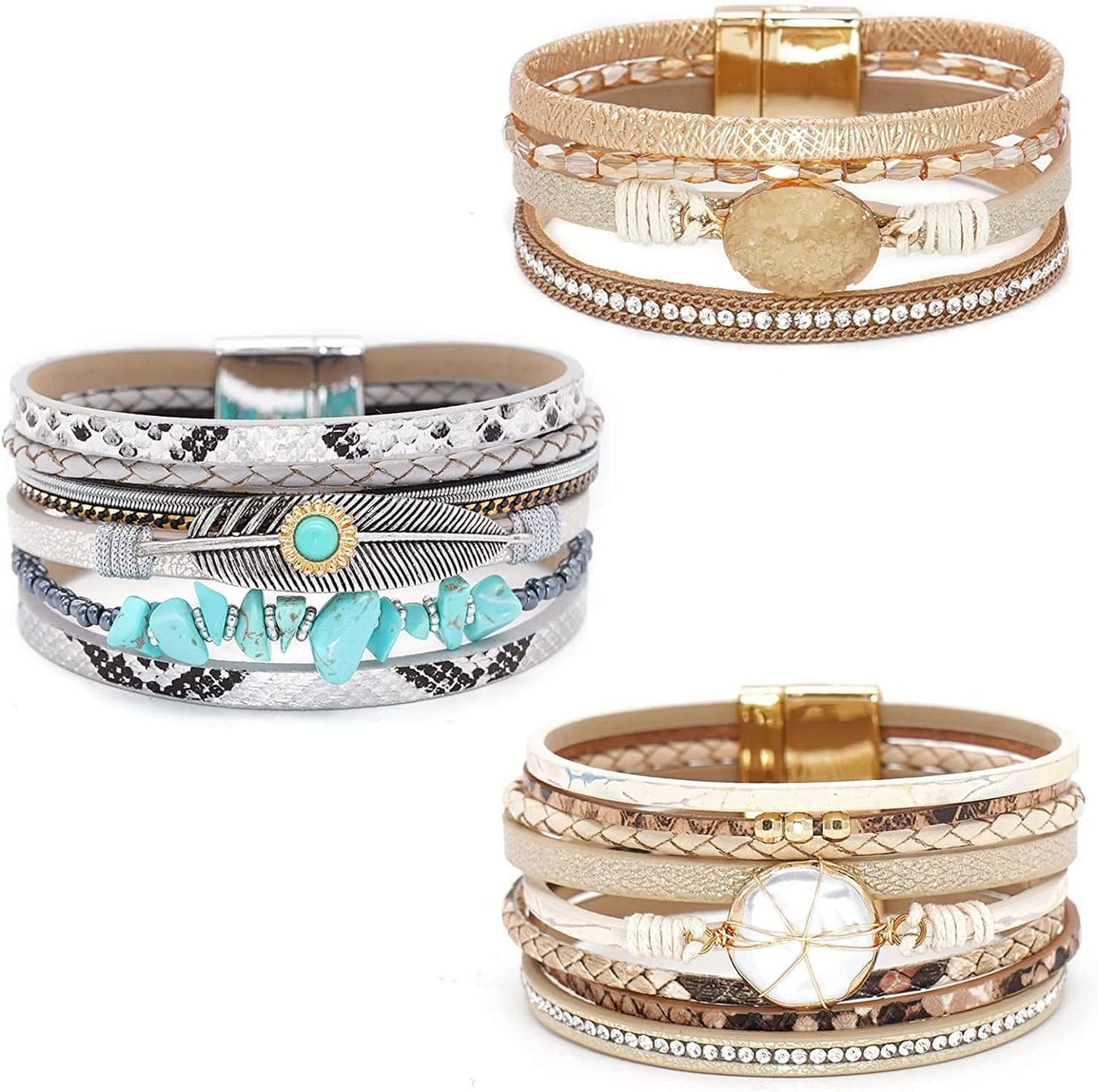 Wovanoo Leather Wrap Bracelet Set 3Pack Wrist Cuff Bracelet for Women Girls Multilayer Magnetic Clasp Bracelet Feather Tree Bead Crystal Bracelet Apparel & Accessories > Jewelry > Bracelets Wovanoo Turquoise Pearl