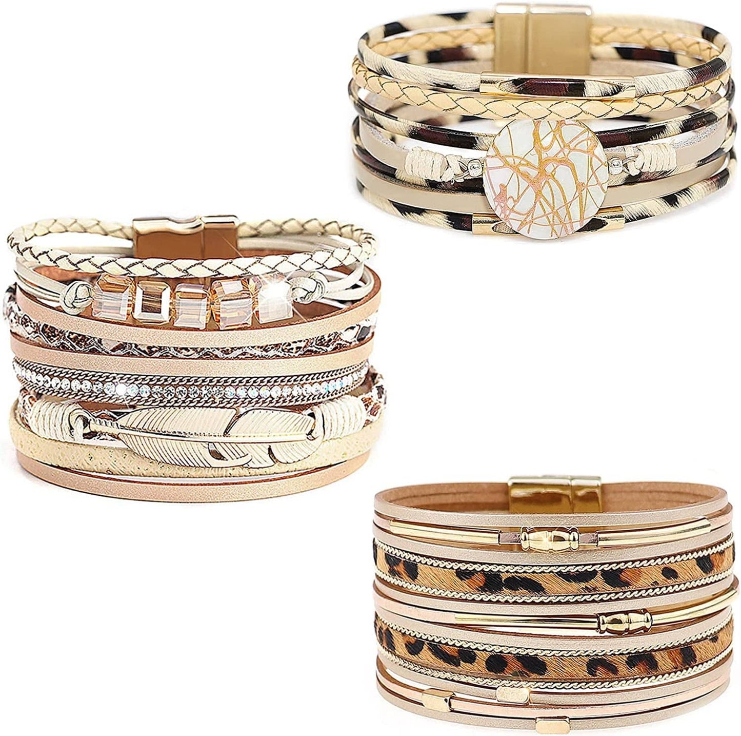 Wovanoo Leather Wrap Bracelet Set 3Pack Wrist Cuff Bracelet for Women Girls Multilayer Magnetic Clasp Bracelet Feather Tree Bead Crystal Bracelet Apparel & Accessories > Jewelry > Bracelets Wovanoo Feather Leopard