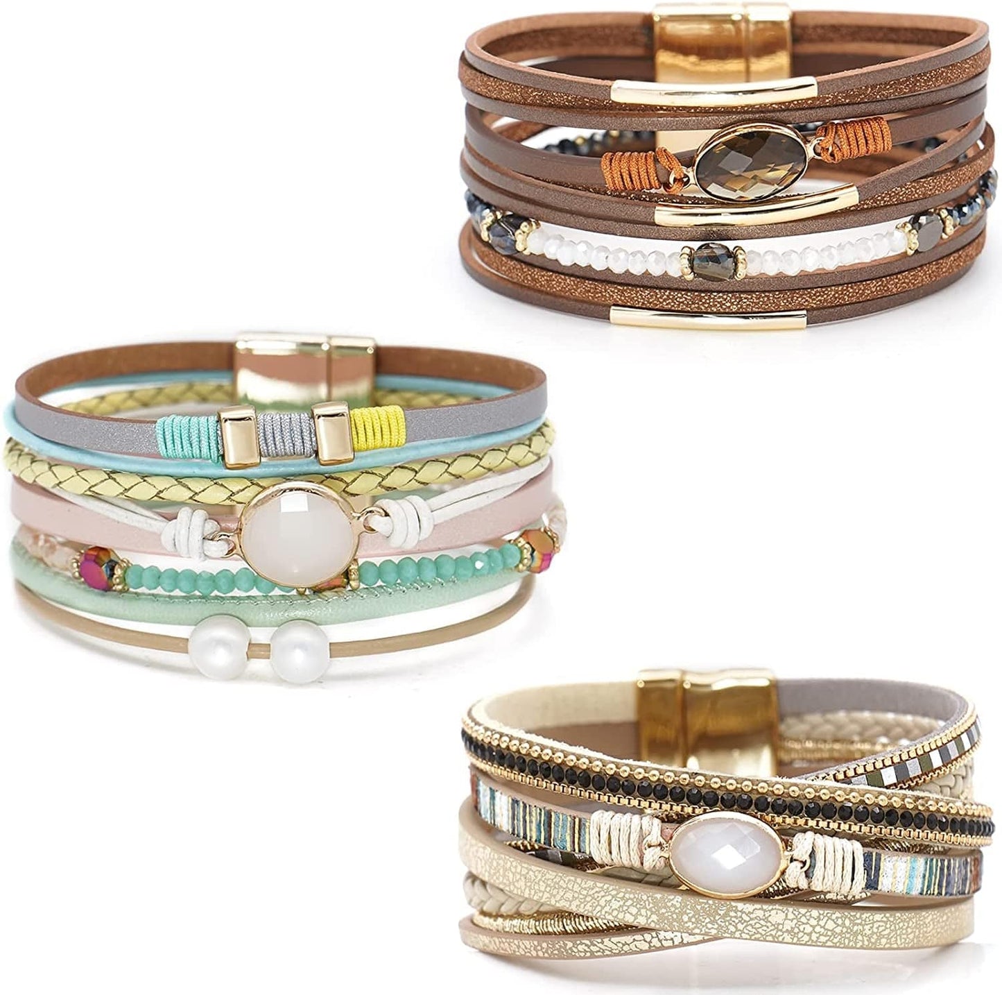Wovanoo Leather Wrap Bracelet Set 3Pack Wrist Cuff Bracelet for Women Girls Multilayer Magnetic Clasp Bracelet Feather Tree Bead Crystal Bracelet Apparel & Accessories > Jewelry > Bracelets Wovanoo Bead Colorful