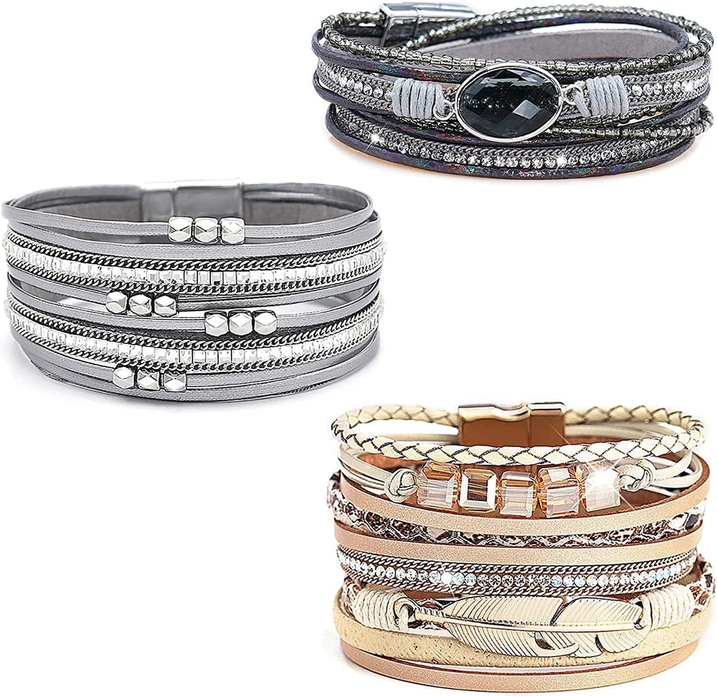 Wovanoo Leather Wrap Bracelet Set 3Pack Wrist Cuff Bracelet for Women Girls Multilayer Magnetic Clasp Bracelet Feather Tree Bead Crystal Bracelet Apparel & Accessories > Jewelry > Bracelets Wovanoo Grey Crystal