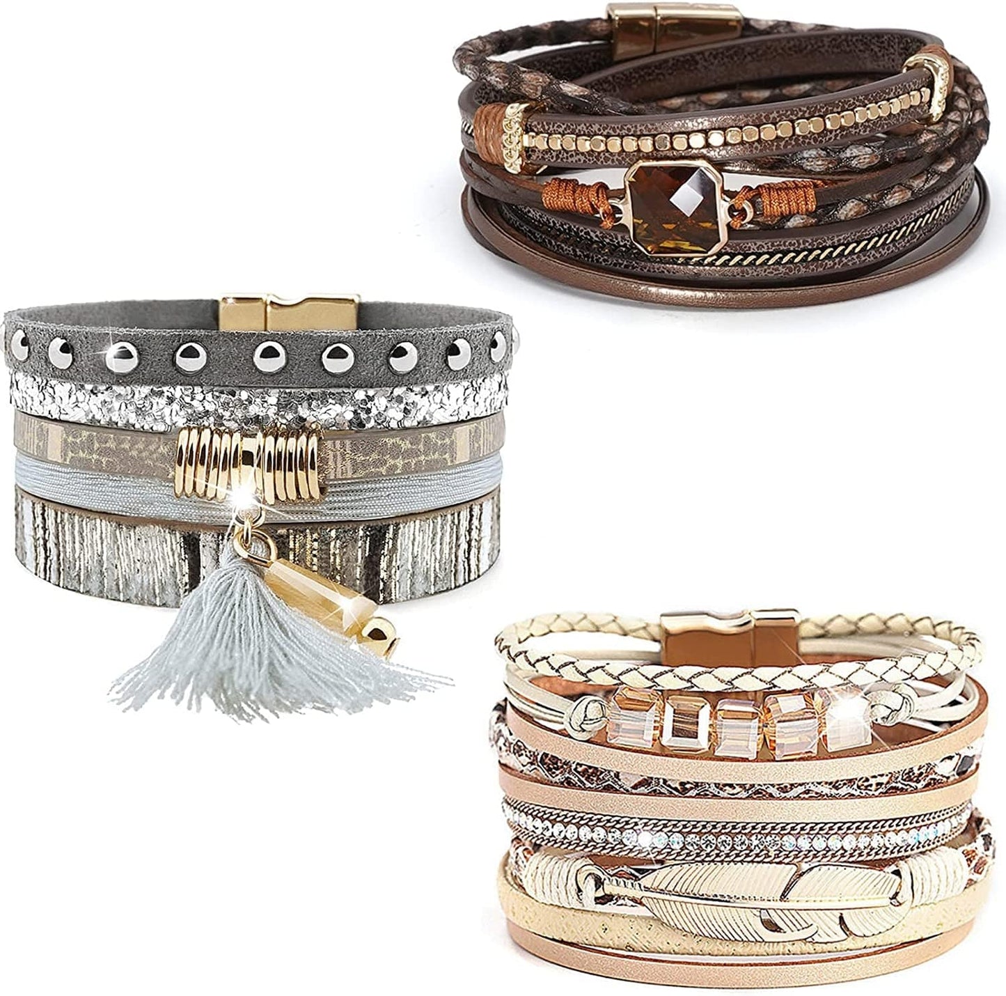 Wovanoo Leather Wrap Bracelet Set 3Pack Wrist Cuff Bracelet for Women Girls Multilayer Magnetic Clasp Bracelet Feather Tree Bead Crystal Bracelet Apparel & Accessories > Jewelry > Bracelets Wovanoo Crystal Tassel