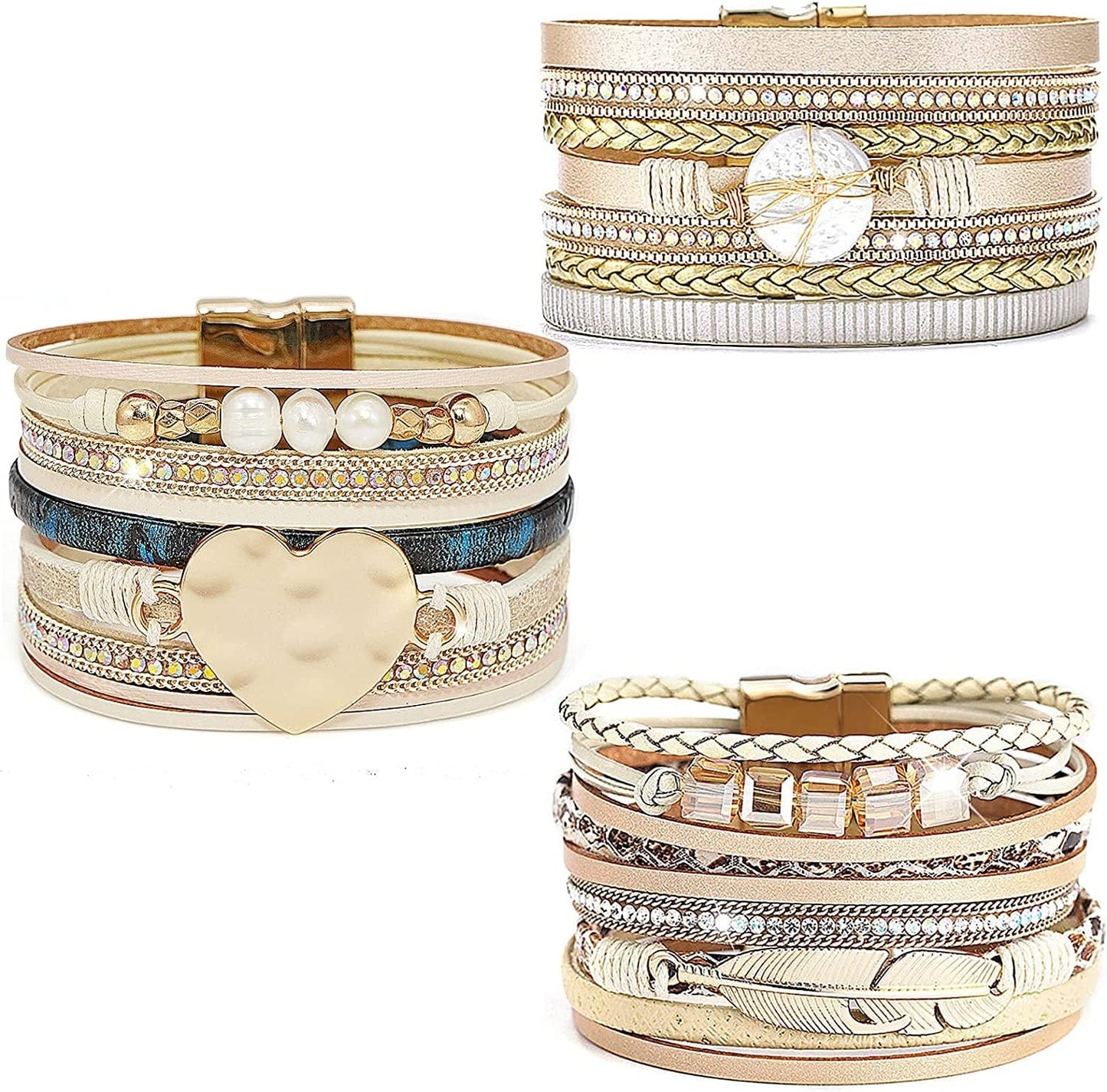 Wovanoo Leather Wrap Bracelet Set 3Pack Wrist Cuff Bracelet for Women Girls Multilayer Magnetic Clasp Bracelet Feather Tree Bead Crystal Bracelet Apparel & Accessories > Jewelry > Bracelets Wovanoo Pearl Love