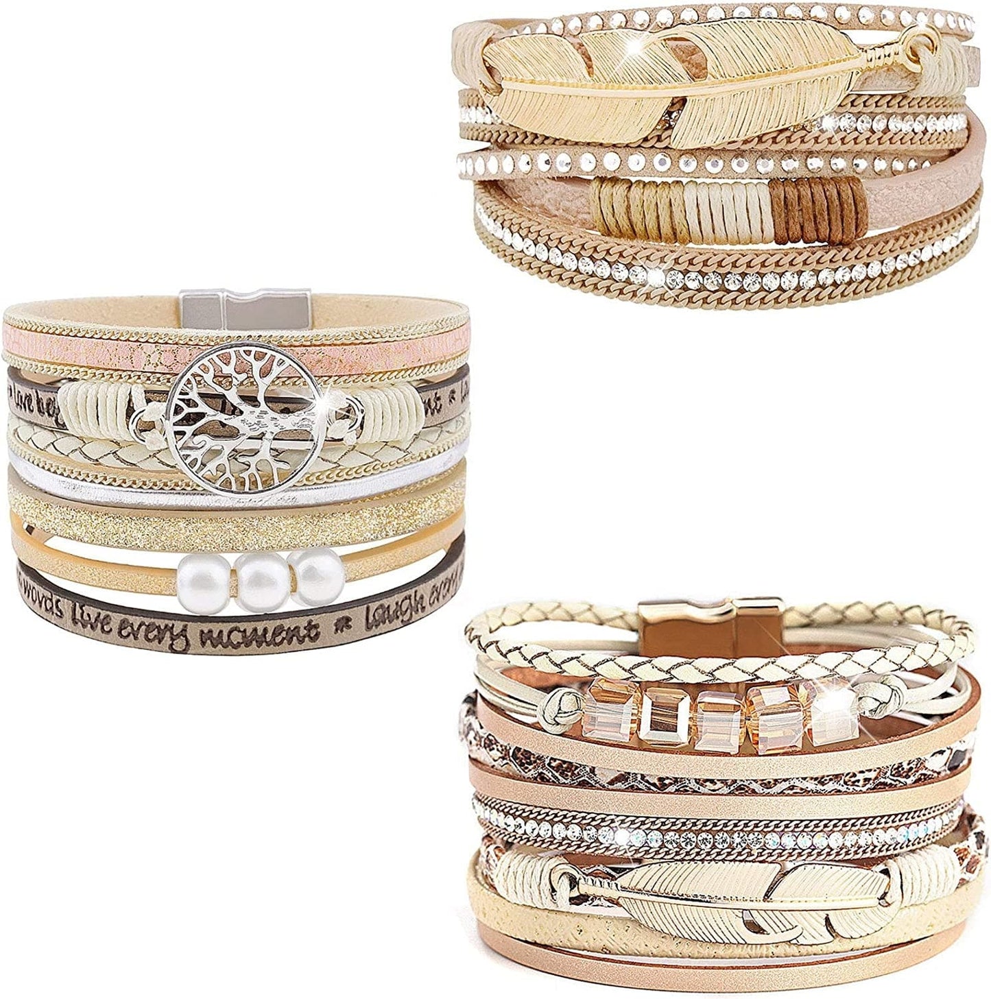 Wovanoo Leather Wrap Bracelet Set 3Pack Wrist Cuff Bracelet for Women Girls Multilayer Magnetic Clasp Bracelet Feather Tree Bead Crystal Bracelet Apparel & Accessories > Jewelry > Bracelets Wovanoo Feather Tree Crystal