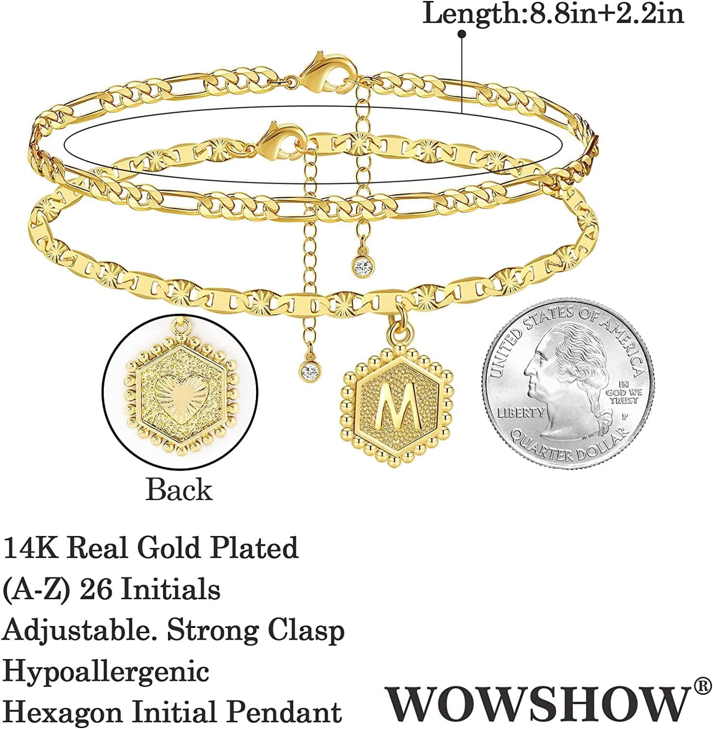 Wowshow Ankle Bracelets for Women,Gold Anklets 14K Real Gold Plated Layered Initial Anklet for Teen Girls with Letter A-Z Hexagon Pendant Apparel & Accessories > Jewelry > Anklets Wowshow
