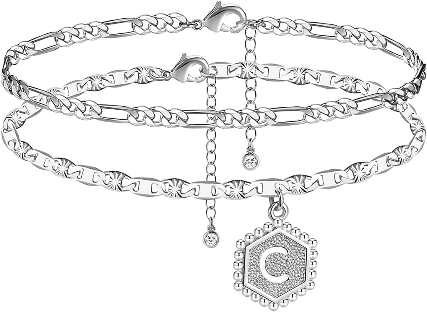 Wowshow Ankle Bracelets for Women,Gold Anklets 14K Real Gold Plated Layered Initial Anklet for Teen Girls with Letter A-Z Hexagon Pendant Apparel & Accessories > Jewelry > Anklets Wowshow White Gold-C