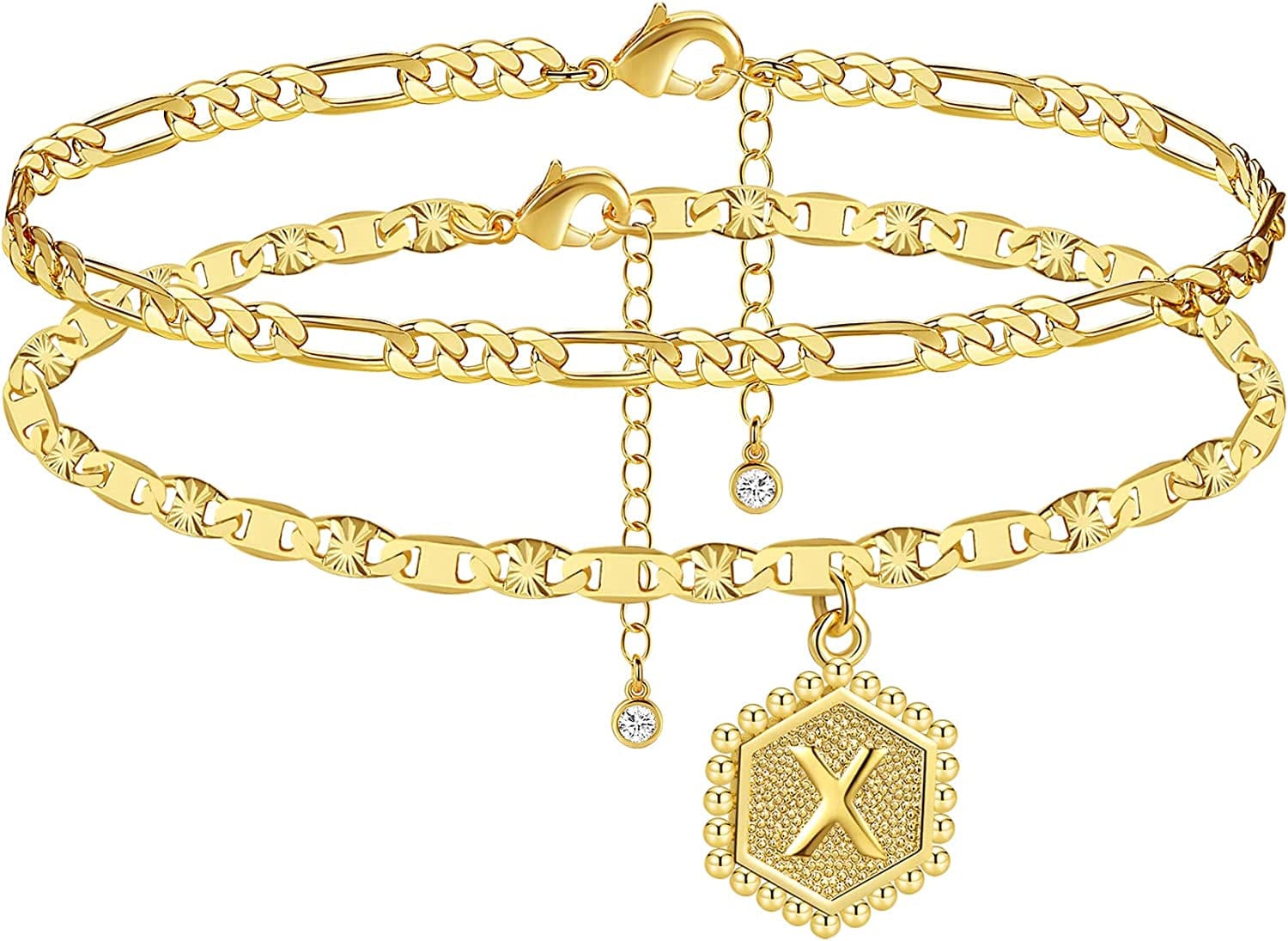 Wowshow Ankle Bracelets for Women,Gold Anklets 14K Real Gold Plated Layered Initial Anklet for Teen Girls with Letter A-Z Hexagon Pendant Apparel & Accessories > Jewelry > Anklets Wowshow Gold-X