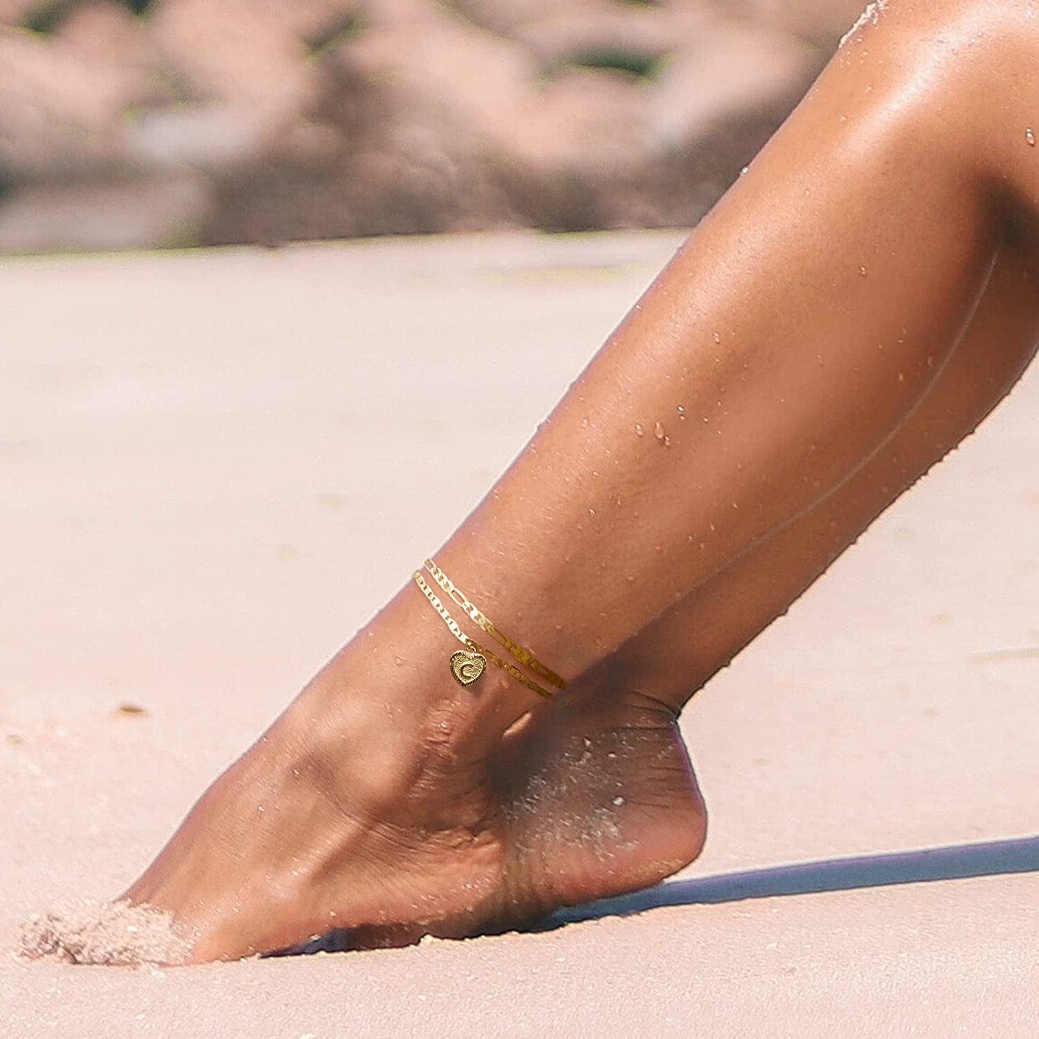 Wowshow Anklet for Women,Gold Ankle Bracelets 14K Real Gold Plated Heart Initial Layered Anklet for Girls with Letter A-Z Summer Gifts Apparel & Accessories > Jewelry > Anklets wowshow