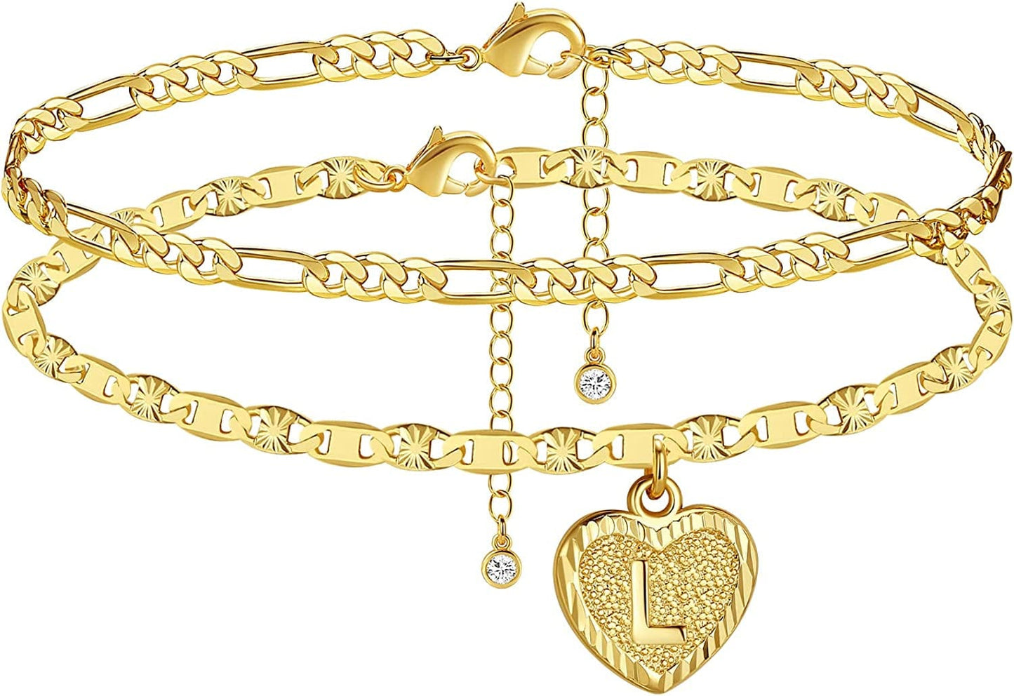 Wowshow Anklet for Women,Gold Ankle Bracelets 14K Real Gold Plated Heart Initial Layered Anklet for Girls with Letter A-Z Summer Gifts Apparel & Accessories > Jewelry > Anklets wowshow Gold-L