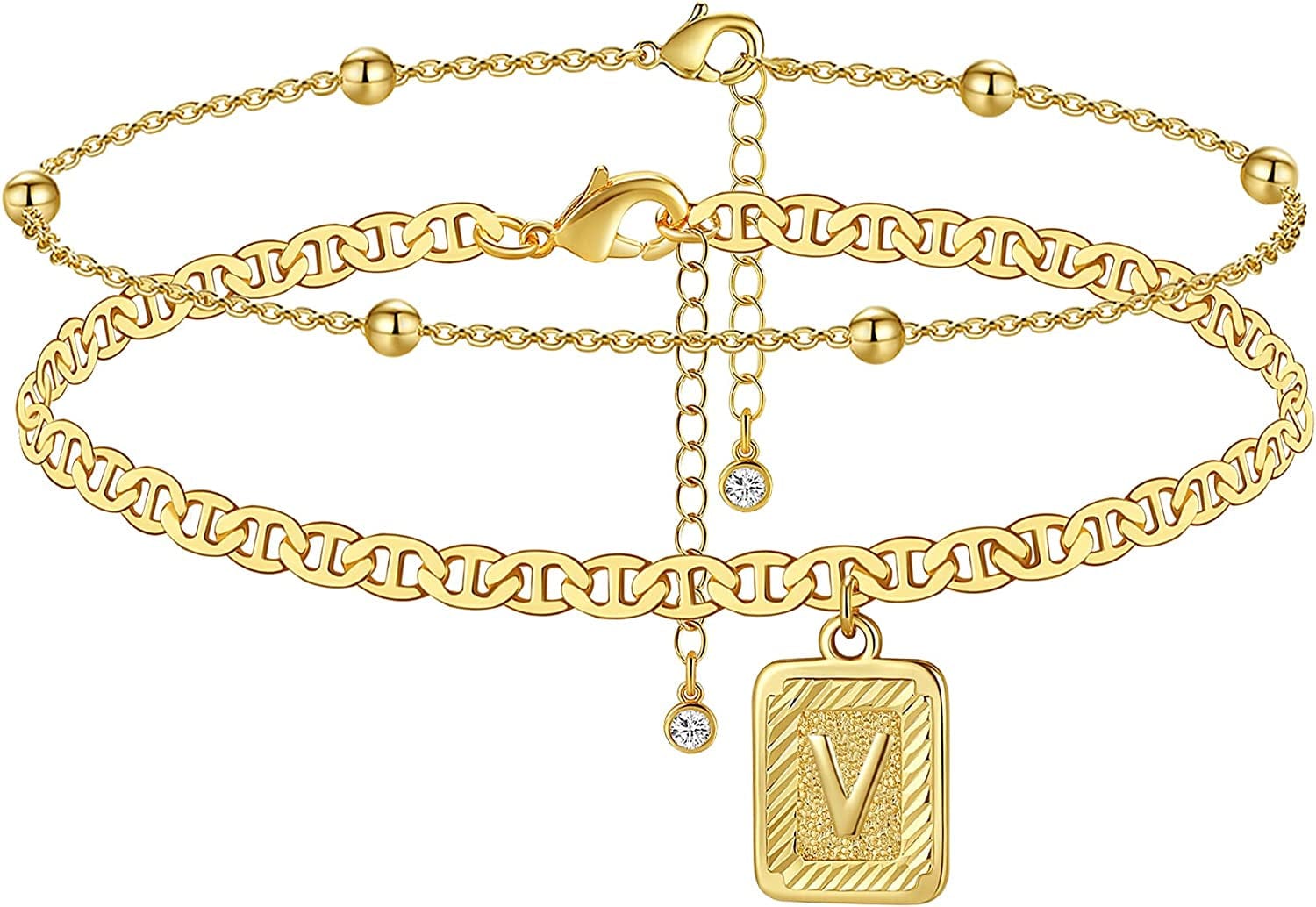Wowshow Gold Anklet Initial Ankle Bracelets Square Pendant Anklet for Women 14K Real Gold Plated Letter Flat Marina Foot Chain Gift Apparel & Accessories > Jewelry > Anklets wowshow Gold Beaded-V