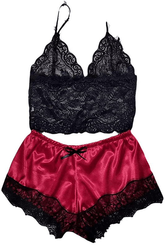 Wurmenin Lingerie Pajamas Set Sexy Women Lace Cami Top with Satin Shorts 2 Piece Strap Trim Spaghetti Silk Sleepwear Gift Apparel & Accessories > Clothing > Sleepwear & Loungewear Kylie Max