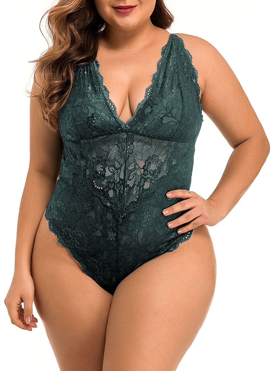 XAKALAKA Women Plus Size Lace Bodysuit Teddy Lingerie One Piece Babydoll Clubwear S-XXXXL Apparel & Accessories > Clothing > Underwear & Socks > Lingerie XAKALAKA Green 3X-Large