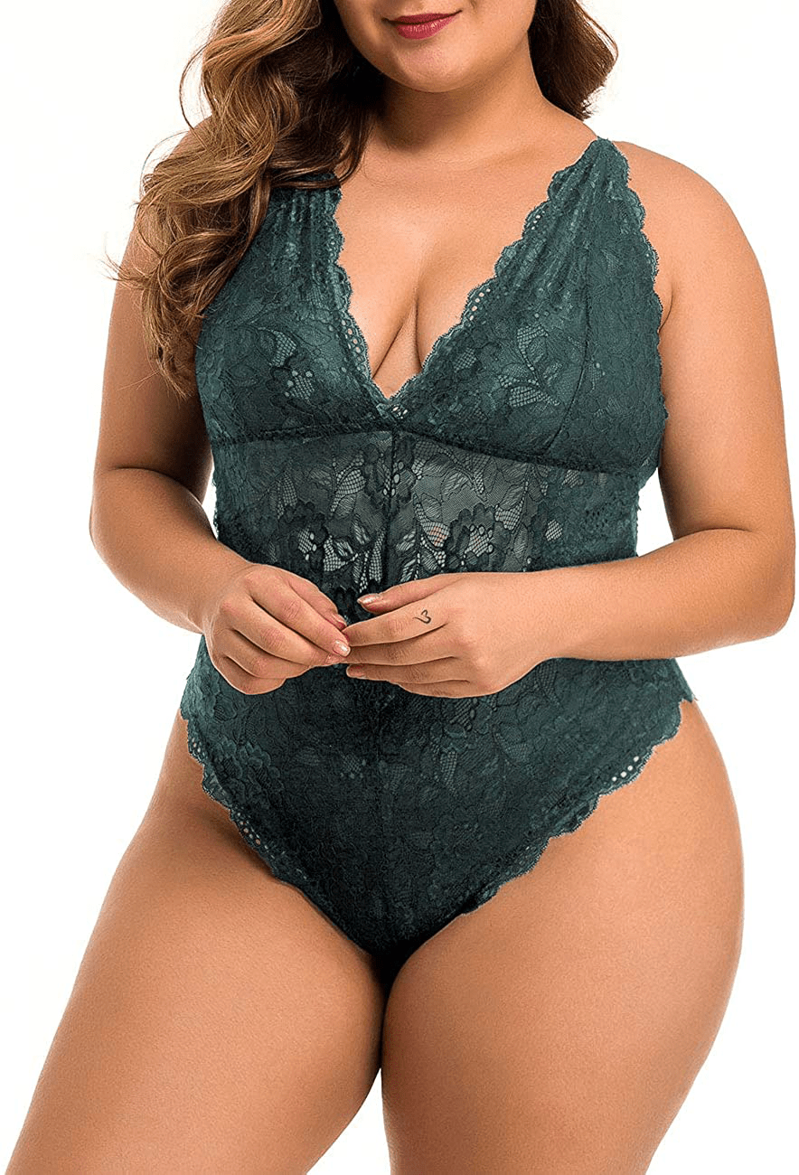 XAKALAKA Women Plus Size Lace Bodysuit Teddy Lingerie One Piece Babydoll Clubwear S-XXXXL Apparel & Accessories > Clothing > Underwear & Socks > Lingerie XAKALAKA