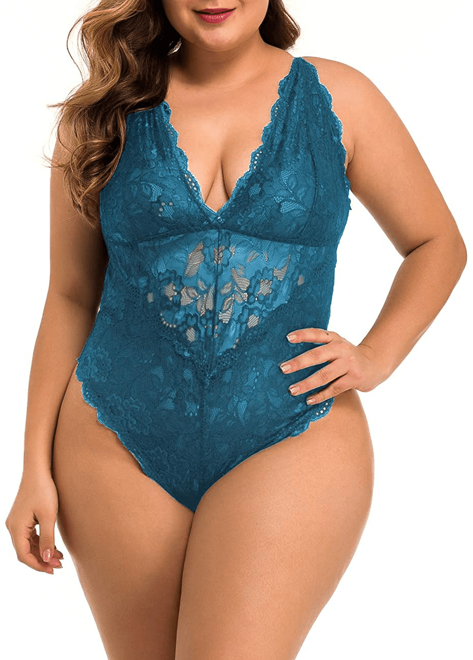 XAKALAKA Women Plus Size Lace Bodysuit Teddy Lingerie One Piece Babydoll Clubwear S-XXXXL Apparel & Accessories > Clothing > Underwear & Socks > Lingerie XAKALAKA Peacock Blue 4X-Large