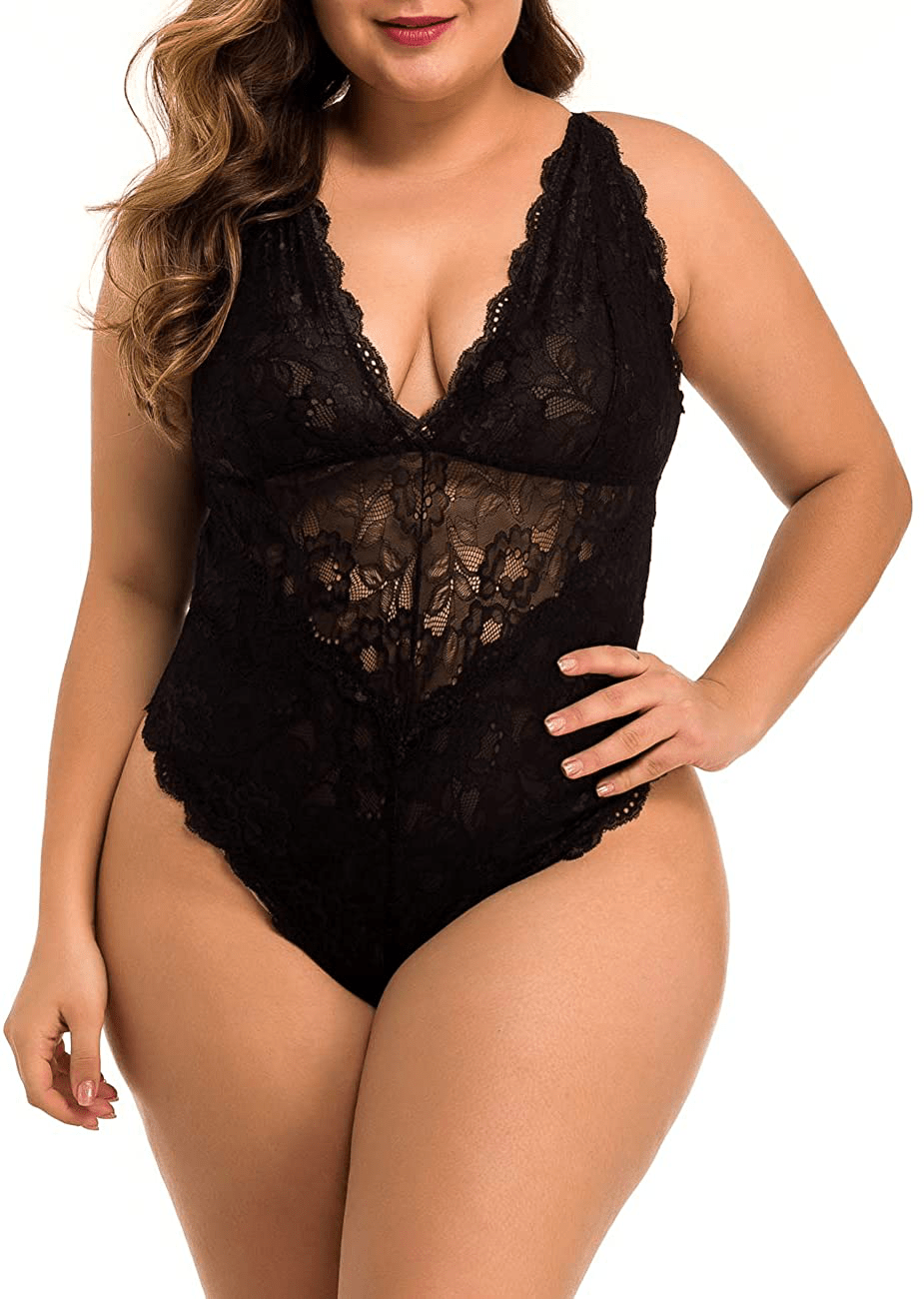 XAKALAKA Women Plus Size Lace Bodysuit Teddy Lingerie One Piece Babydoll Clubwear S-XXXXL Apparel & Accessories > Clothing > Underwear & Socks > Lingerie XAKALAKA Black X-Large