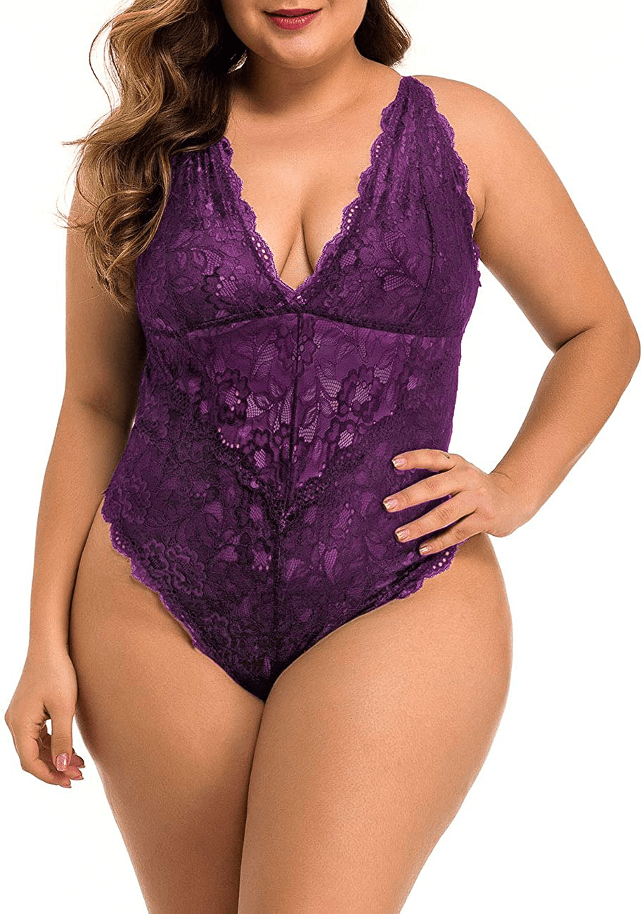 XAKALAKA Women Plus Size Lace Bodysuit Teddy Lingerie One Piece Babydoll Clubwear S-XXXXL Apparel & Accessories > Clothing > Underwear & Socks > Lingerie XAKALAKA Purple XX-Large
