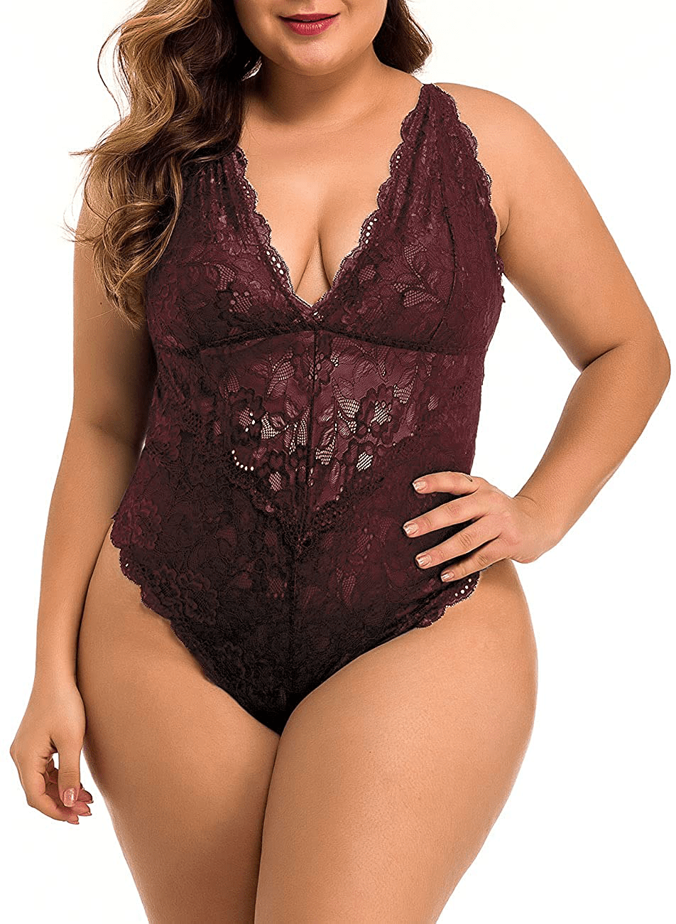 XAKALAKA Women Plus Size Lace Bodysuit Teddy Lingerie One Piece Babydoll Clubwear S-XXXXL Apparel & Accessories > Clothing > Underwear & Socks > Lingerie XAKALAKA Dark Brown XX-Large