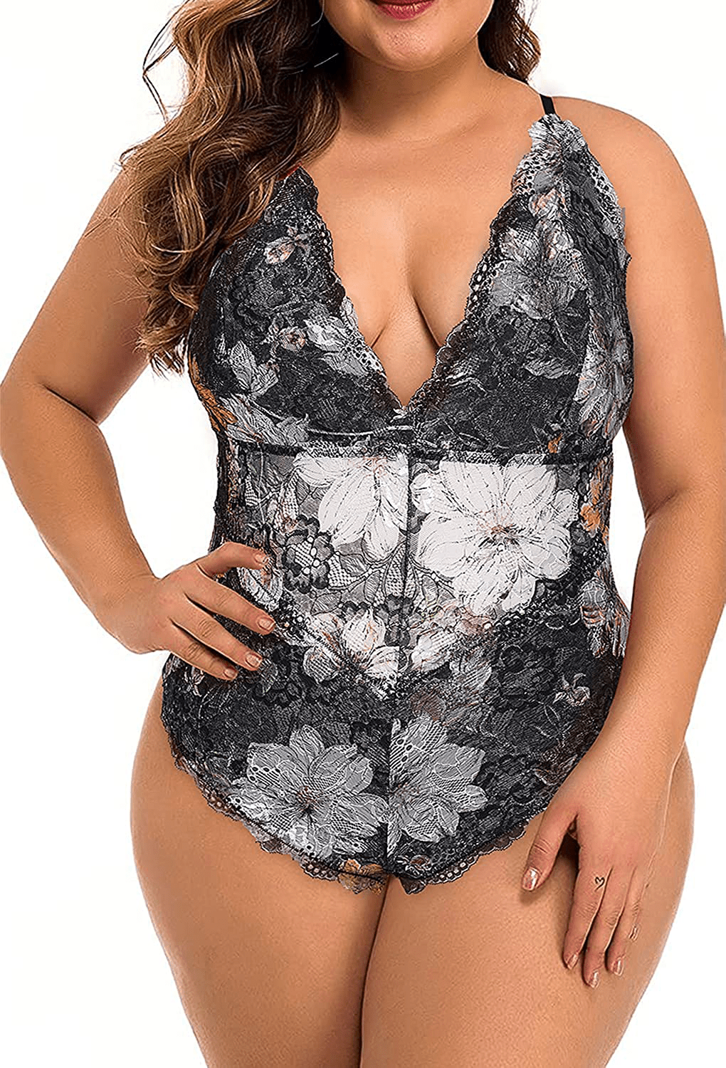 XAKALAKA Women Plus Size Lace Bodysuit Teddy Lingerie One Piece Babydoll Clubwear S-XXXXL Apparel & Accessories > Clothing > Underwear & Socks > Lingerie XAKALAKA Floral Black X-Large