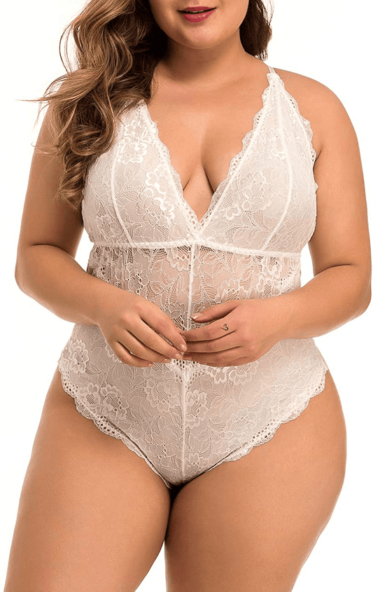 XAKALAKA Women Plus Size Lace Bodysuit Teddy Lingerie One Piece Babydoll Clubwear S-XXXXL Apparel & Accessories > Clothing > Underwear & Socks > Lingerie 18 months - 3 years White X Large