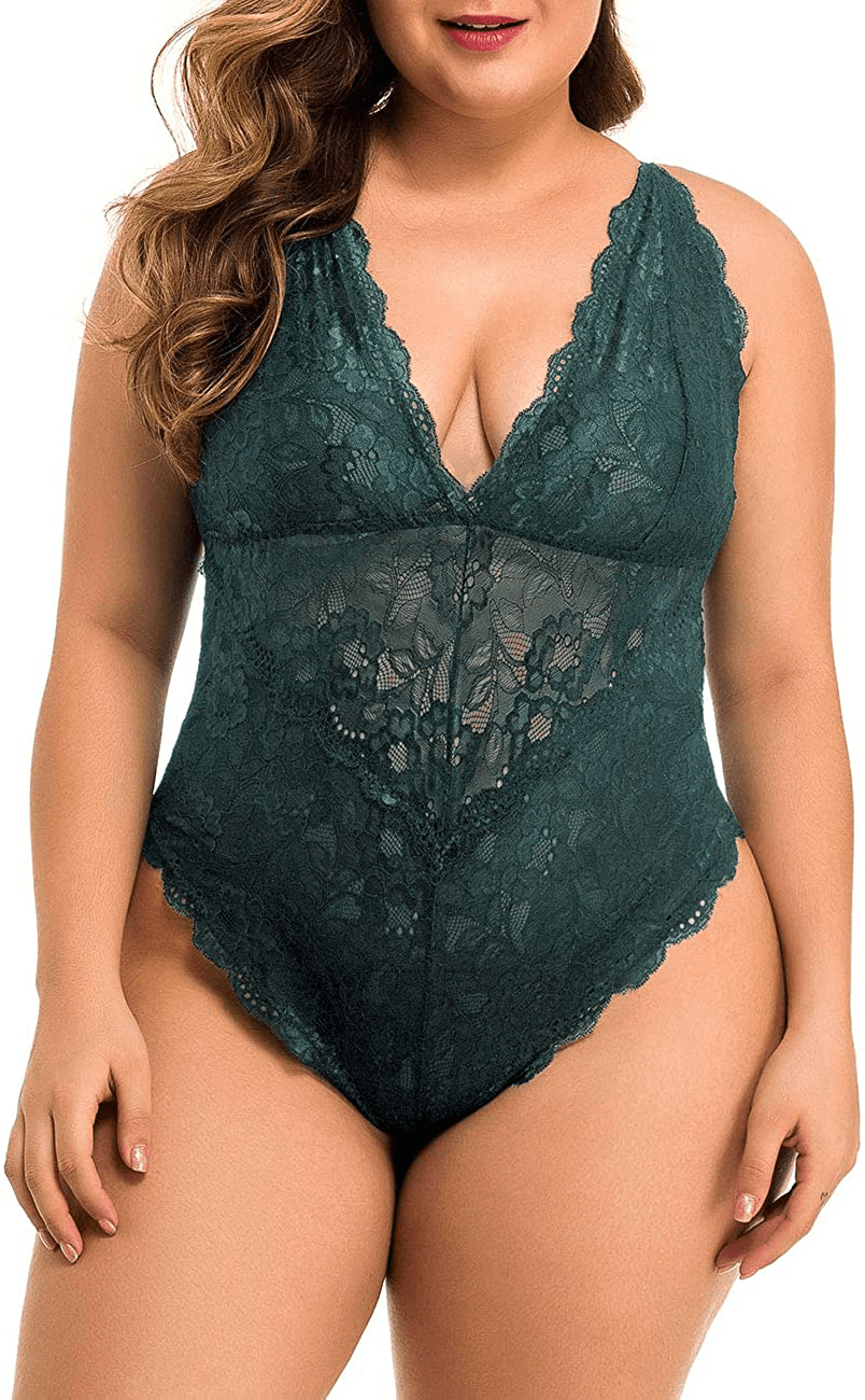 XAKALAKA Women Plus Size Lace Bodysuit Teddy Lingerie One Piece Babydoll Clubwear S-XXXXL Apparel & Accessories > Clothing > Underwear & Socks > Lingerie XAKALAKA