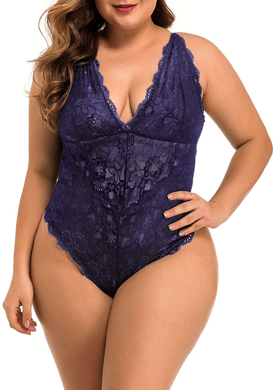 XAKALAKA Women Plus Size Lace Bodysuit Teddy Lingerie One Piece Babydoll Clubwear S-XXXXL Apparel & Accessories > Clothing > Underwear & Socks > Lingerie XAKALAKA Dark Blue 3X Large