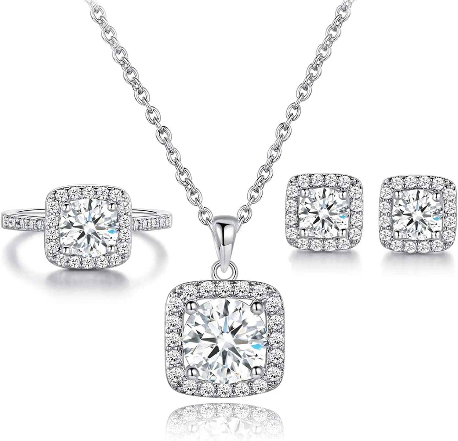 XBRN Necklace/Earrings/Ring Set for Women,18K Gold Plated Cubic Zirconia Engagement Wedding Jewelry Pack of 3 A-White / 7