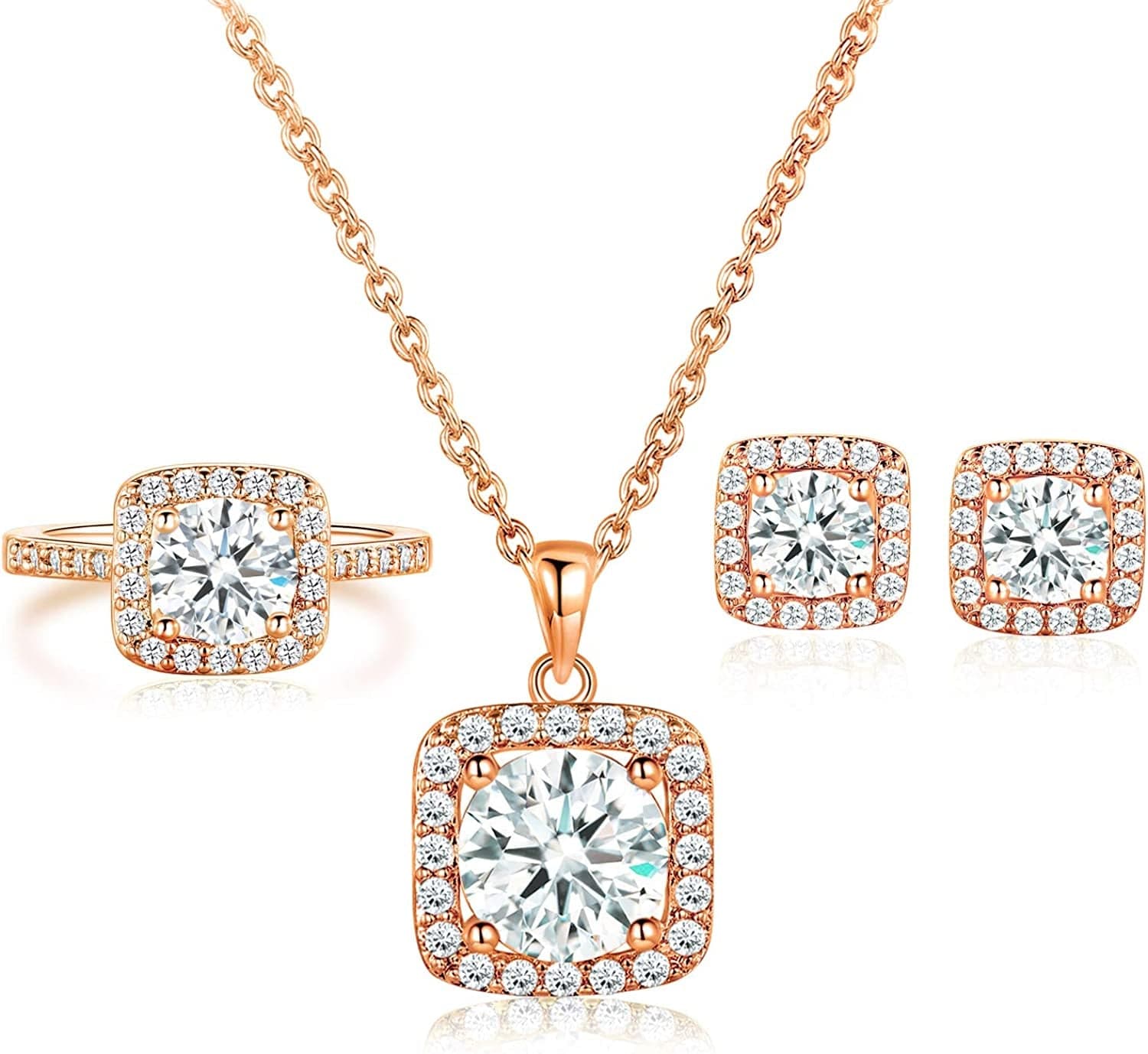 XBRN Necklace/Earrings/Ring Set for Women,18K Gold Plated Cubic Zirconia Engagement Wedding Jewelry Pack of 3 C-Rose Gold Plated / 10