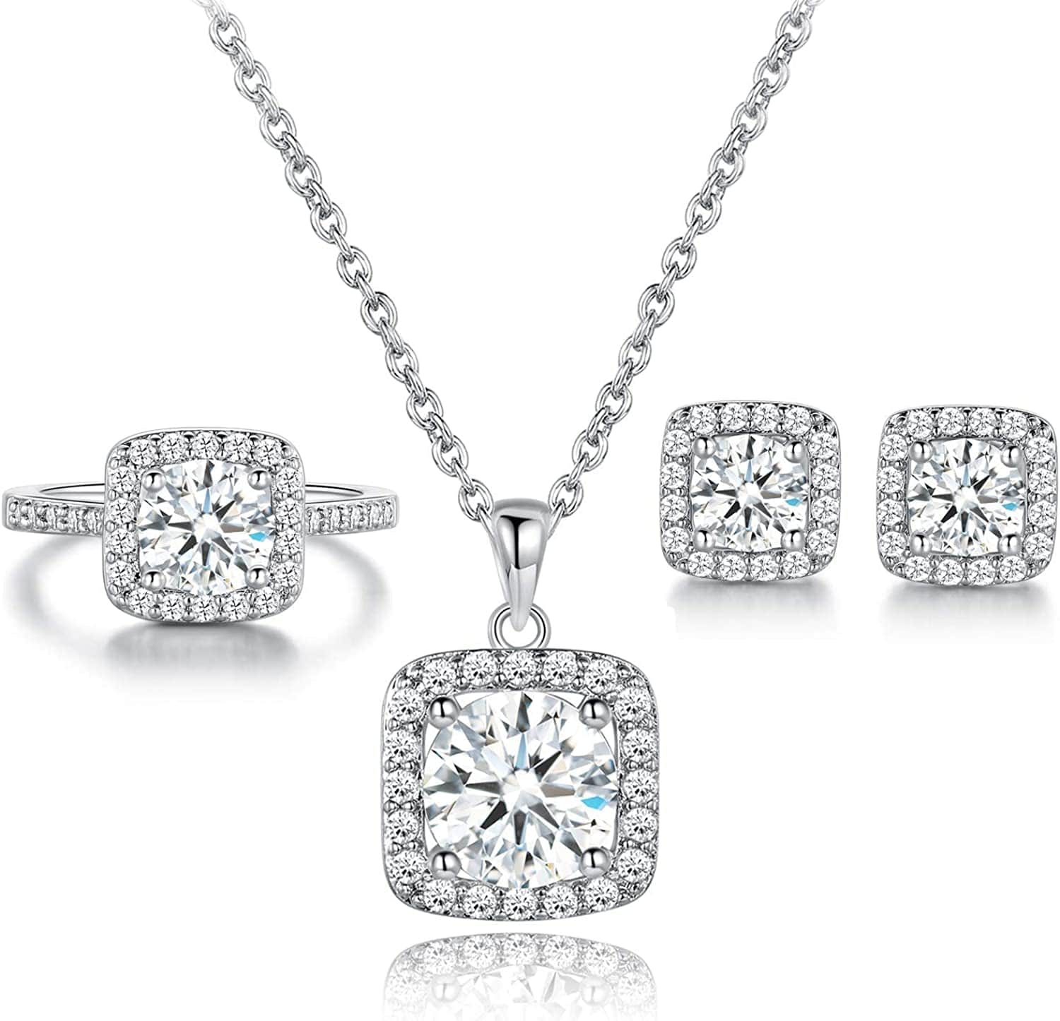 XBRN Necklace/Earrings/Ring Set for Women,18K Gold Plated Cubic Zirconia Engagement Wedding Jewelry Pack of 3 A-White / 9