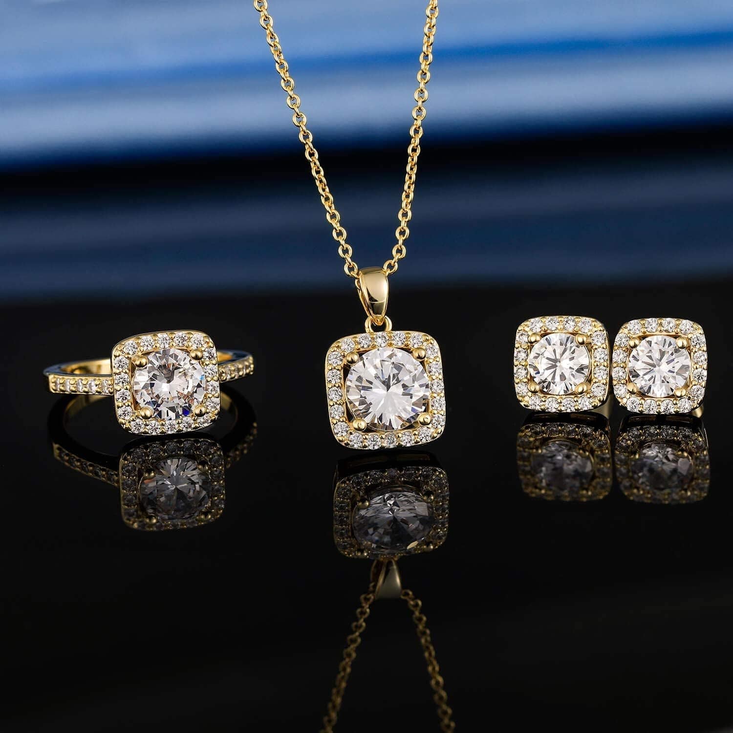 XBRN Necklace/Earrings/Ring Set for Women,18K Gold Plated Cubic Zirconia Engagement Wedding Jewelry Pack of 3