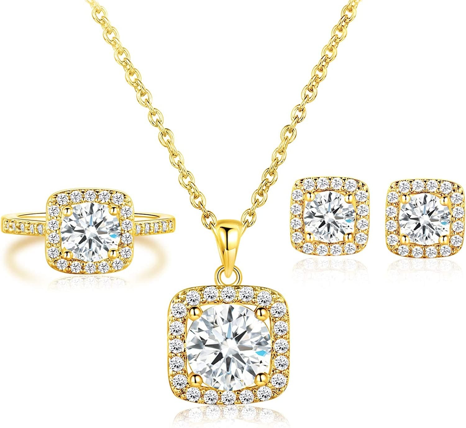 XBRN Necklace/Earrings/Ring Set for Women,18K Gold Plated Cubic Zirconia Engagement Wedding Jewelry Pack of 3 B-Gold Plated / 7