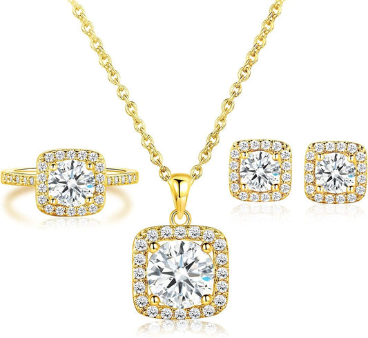 XBRN Necklace/Earrings/Ring Set for Women,18K Gold Plated Cubic Zirconia Engagement Wedding Jewelry Pack of 3 B-Gold Plated / 7