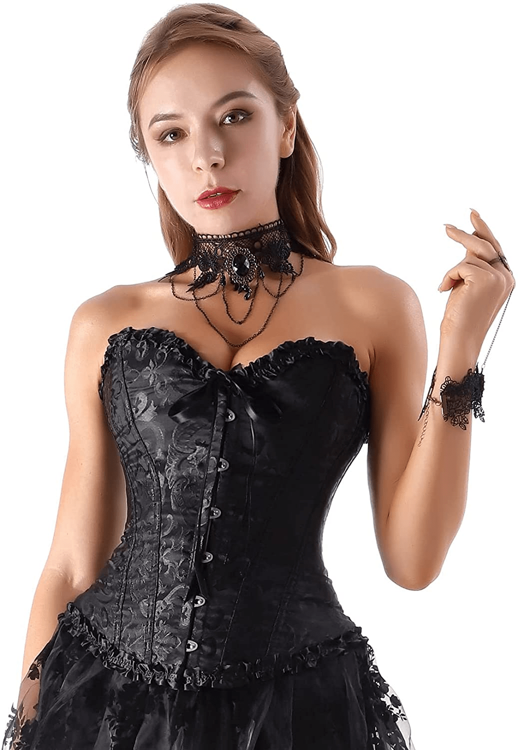 Xfileen Women'S Overbust Back Lace up Corset Bustier Floral Bustier Lingerie Tops Body Shaper Fashion Boned Corset Top Apparel & Accessories > Clothing > Underwear & Socks > Lingerie Xfileen X Black XX-Large