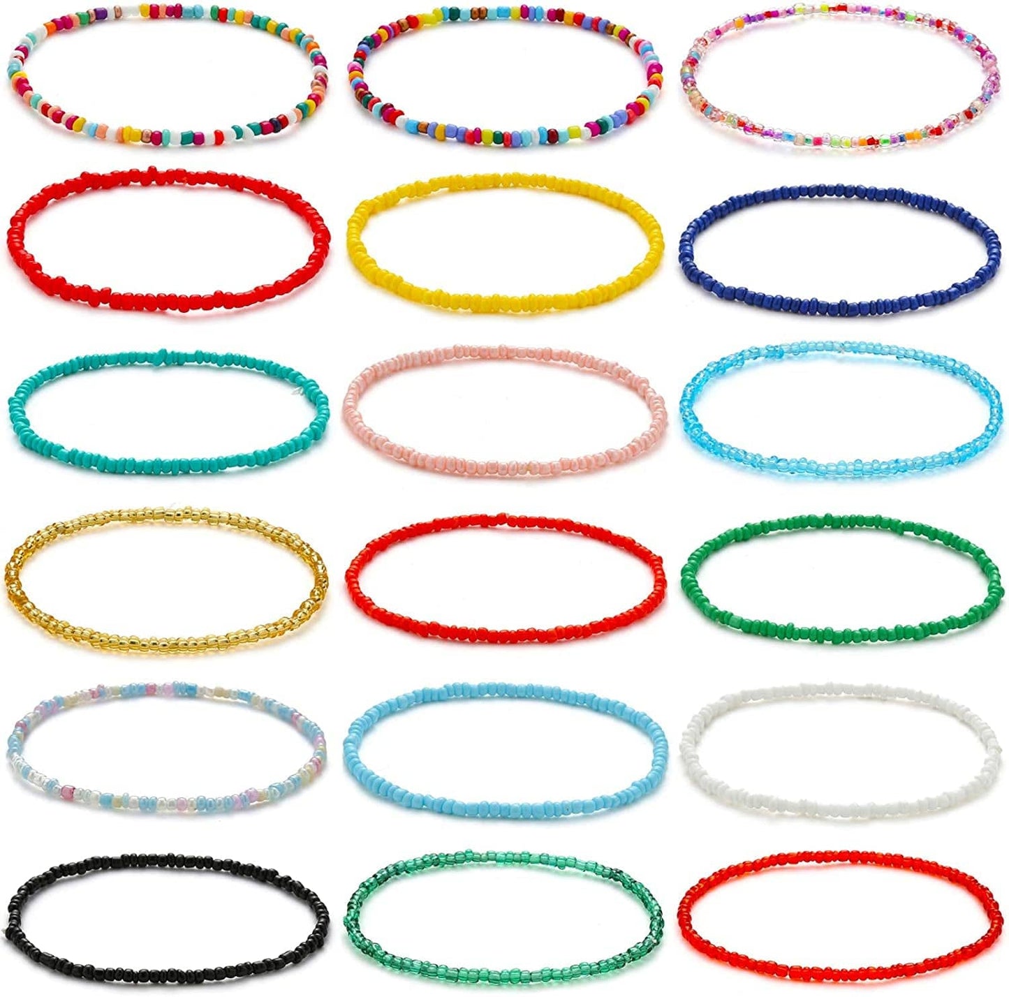 XIJIN 18 Pieces Elastic Beaded Anklets for Women Girls Handmade Beach Boho Colorful Beads Ankle Bracelets Set Apparel & Accessories > Jewelry > Anklets XIJIN Multicolor