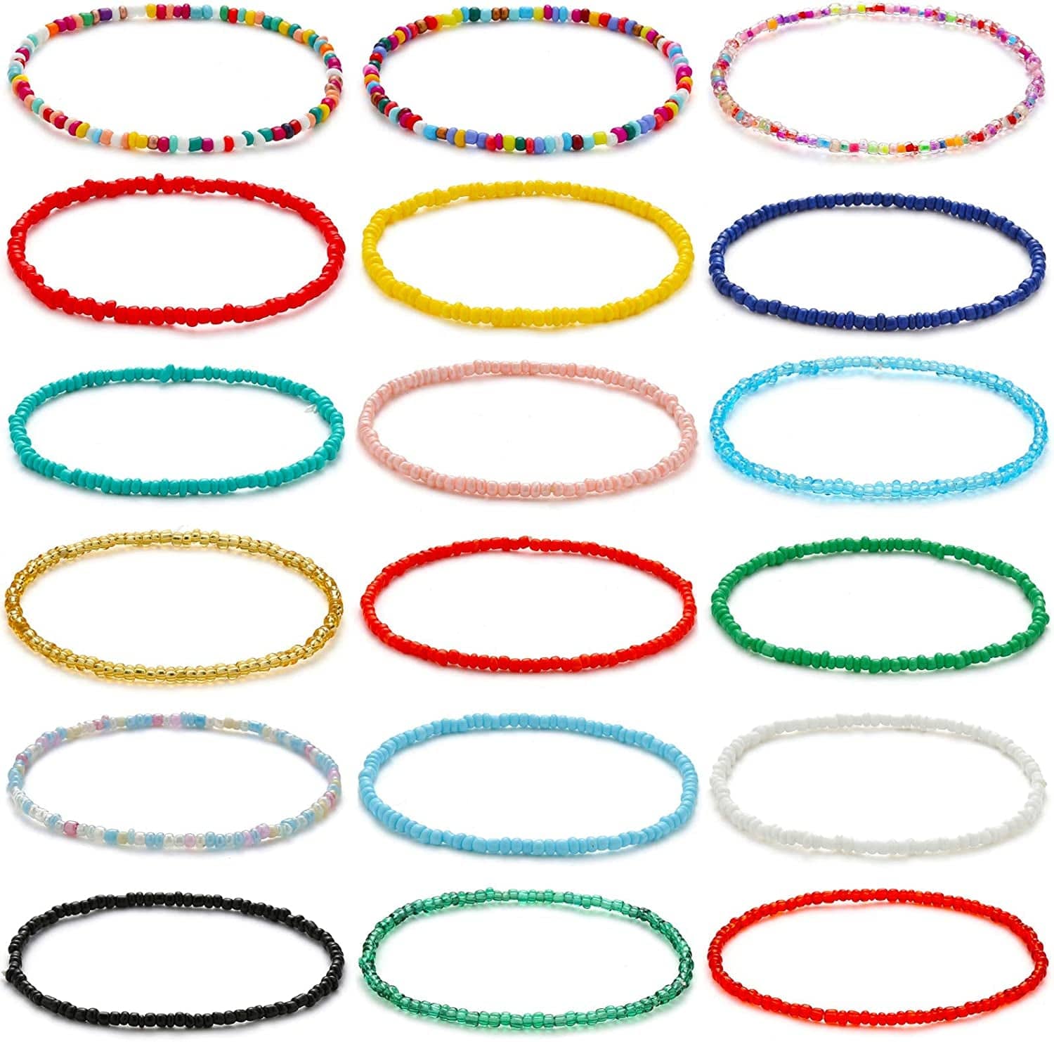 XIJIN 18 Pieces Elastic Beaded Anklets for Women Girls Handmade Beach Boho Colorful Beads Ankle Bracelets Set Apparel & Accessories > Jewelry > Anklets XIJIN Multicolor