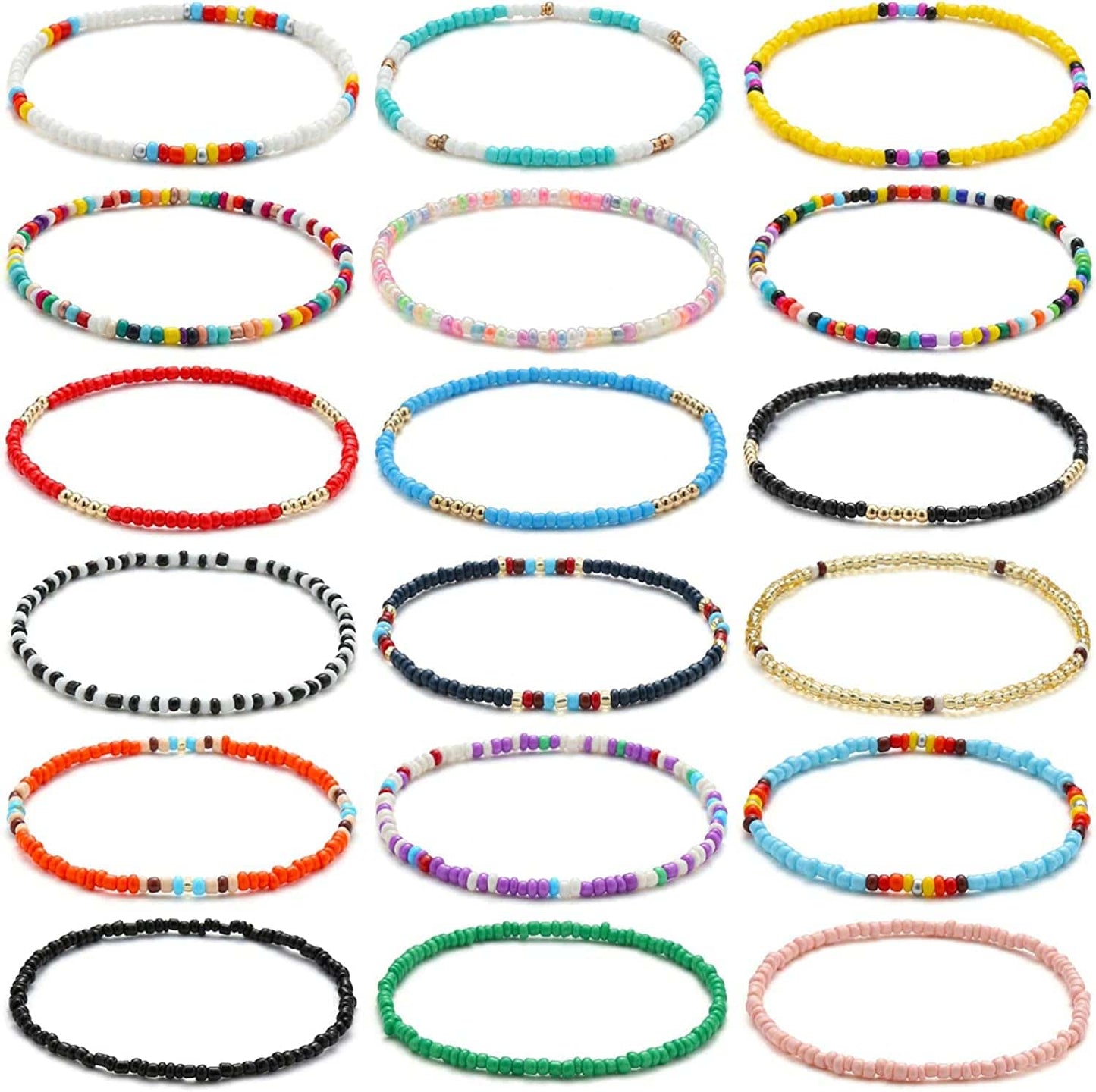 XIJIN 18 Pieces Elastic Beaded Anklets for Women Girls Handmade Beach Boho Colorful Beads Ankle Bracelets Set Apparel & Accessories > Jewelry > Anklets XIJIN Multiple color