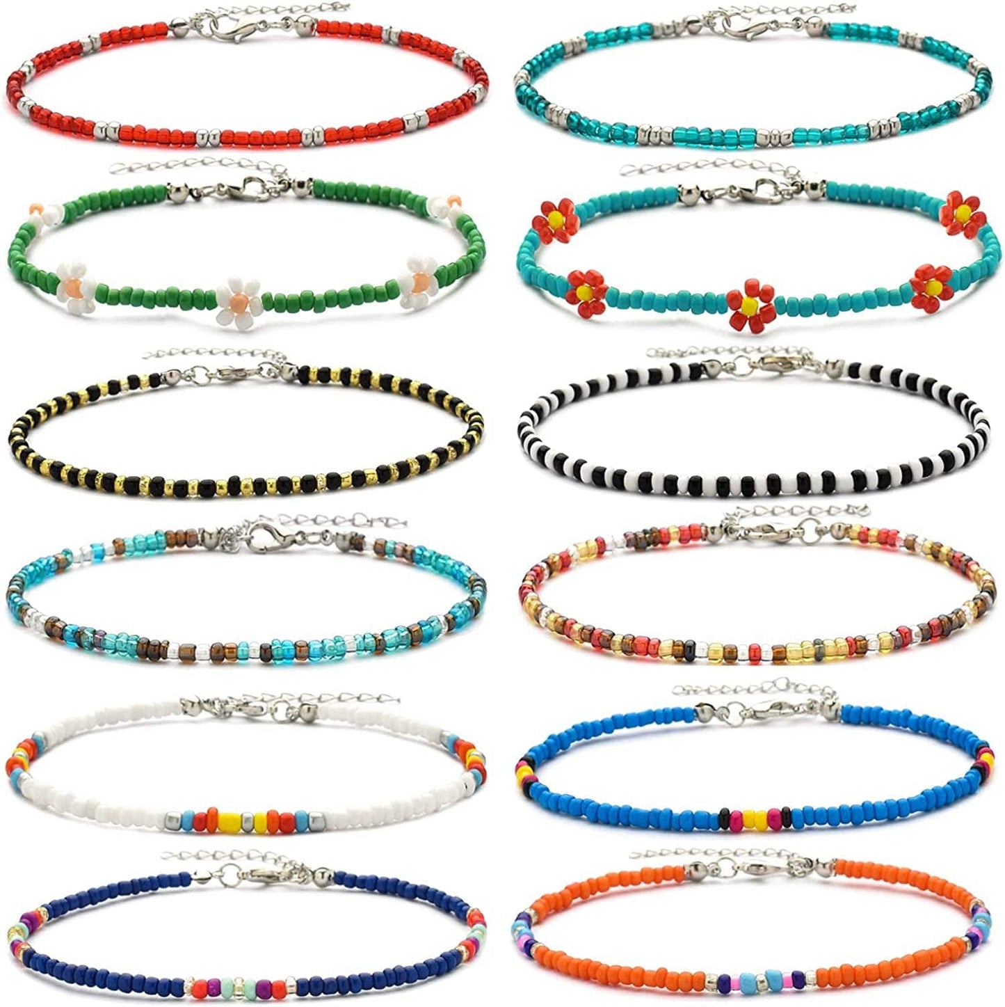 XIJIN 8Pcs Handmade Beaded Anklets for Women Girls Boho Colorful Beads Ankle Bracelets Adjustable Foot Anklet Set Apparel & Accessories > Jewelry > Anklets XIJIN L