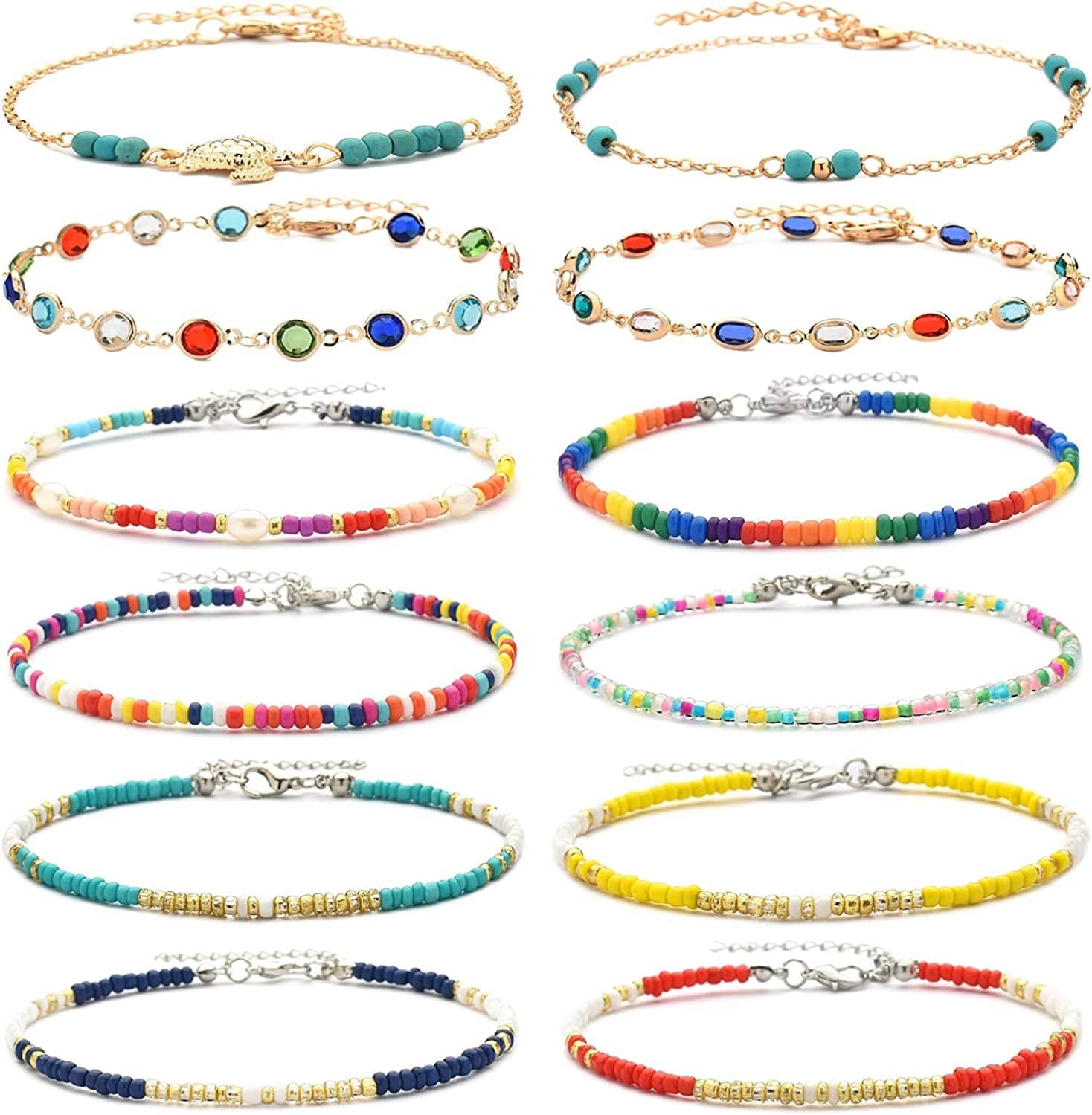 XIJIN 8Pcs Handmade Beaded Anklets for Women Girls Boho Colorful Beads Ankle Bracelets Adjustable Foot Anklet Set Apparel & Accessories > Jewelry > Anklets XIJIN J