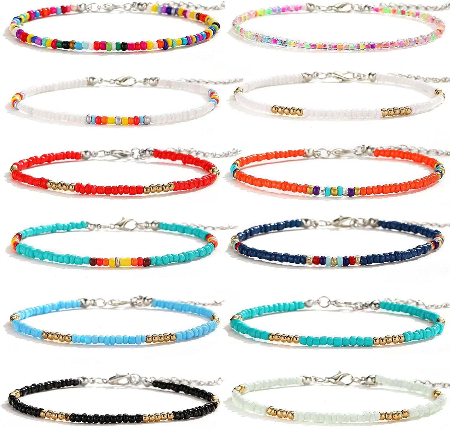 XIJIN 8Pcs Handmade Beaded Anklets for Women Girls Boho Colorful Beads Ankle Bracelets Adjustable Foot Anklet Set Apparel & Accessories > Jewelry > Anklets XIJIN C